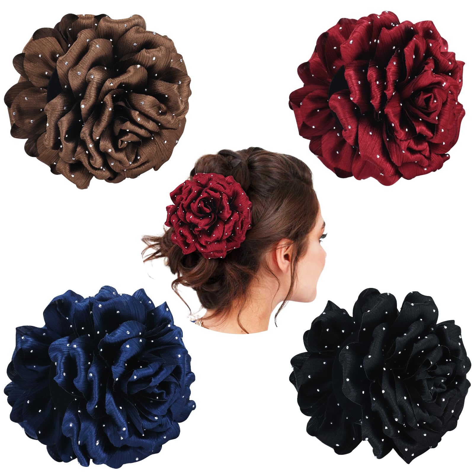 Cinaci 4 Pieces Flower Hair Claw Clips Barrettes Clamps Bun Updo Holders Hair Accessories for Women Girls (Dark Coffee, Burgundy
