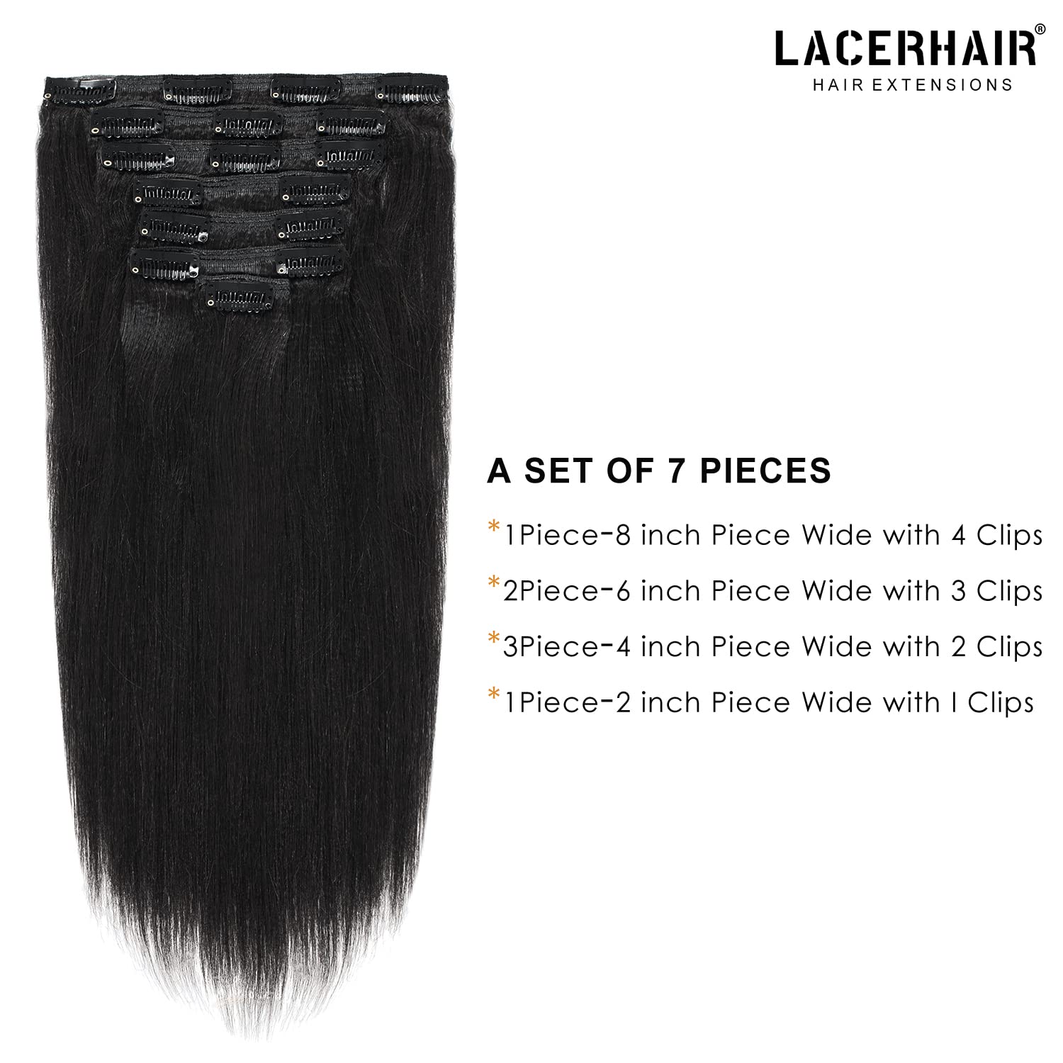 Lacer Yaki Straight Clip In Hair Extensions, Jet Black Yaki Human Hair Clip Ins 20 Inch 7 Pieces Per Set 120 Gram For Black Wome