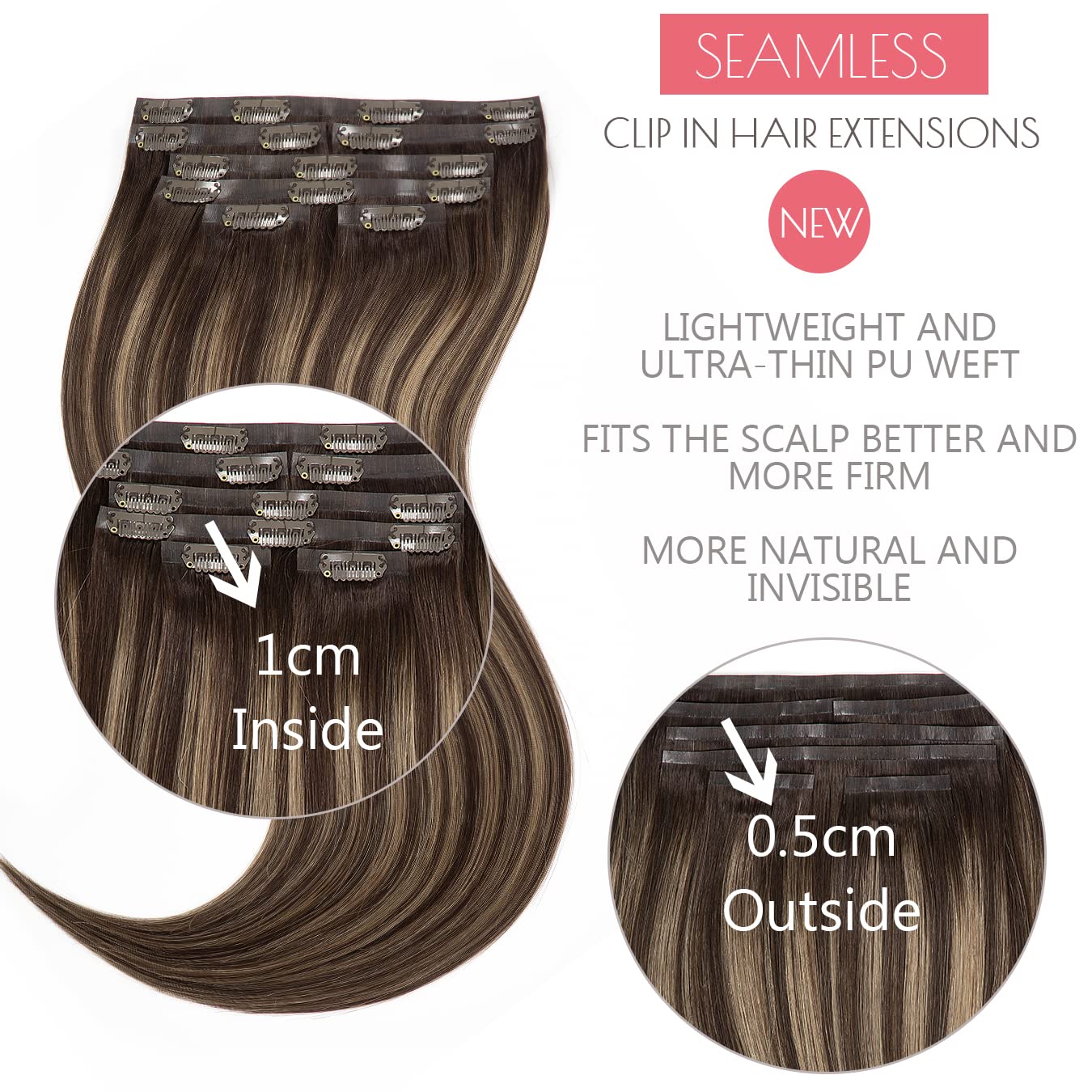 Loxxy Human Hair Extensions Glam Seamless Clip In Hair Extensions 22Inch Ombre Rooted Dark Brown To Chestnut Brown And Dark Brow