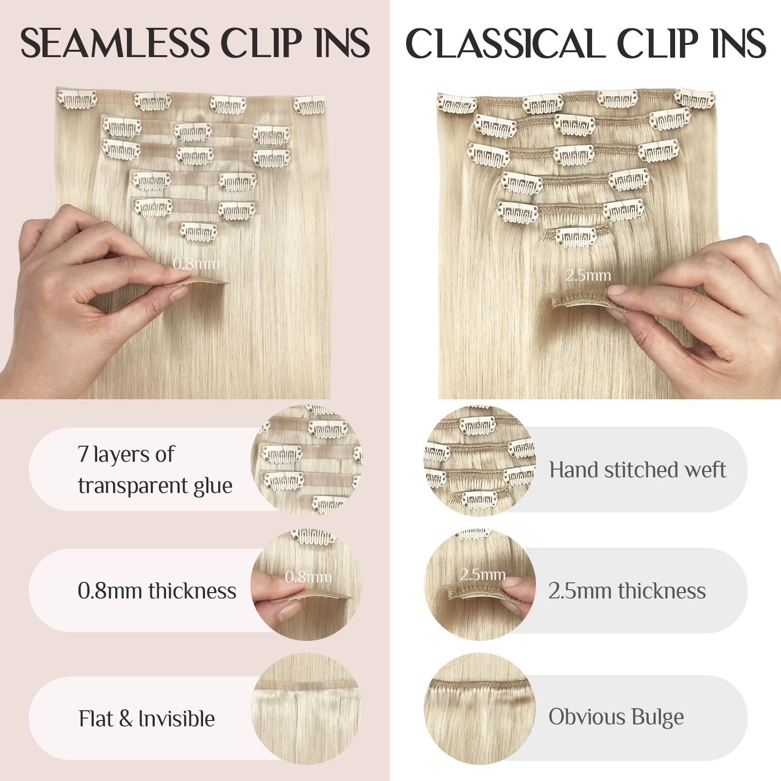 Hair Extensions Clip In Human Hair, 110G 7Pcs Balayage Ash Blonde To Golden Blonde And Platinum Blonde 16 Inch, Maxita Seamless