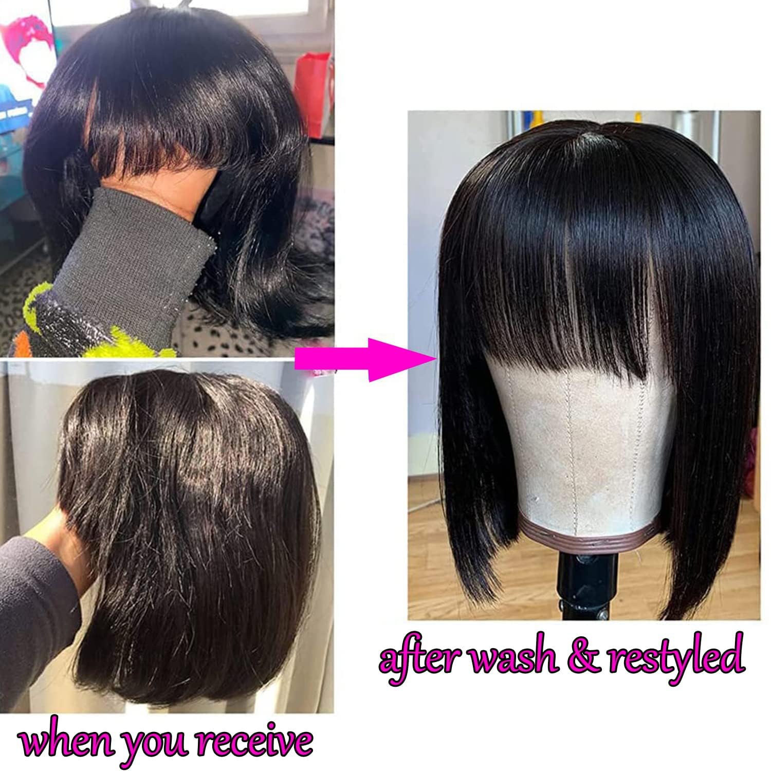 Rebasar Bob Human Hair Wigs with Bangs None Lace Front Wigs Brazlian Straight Hair Bob Wigs for Black Women Human Hair Glueless