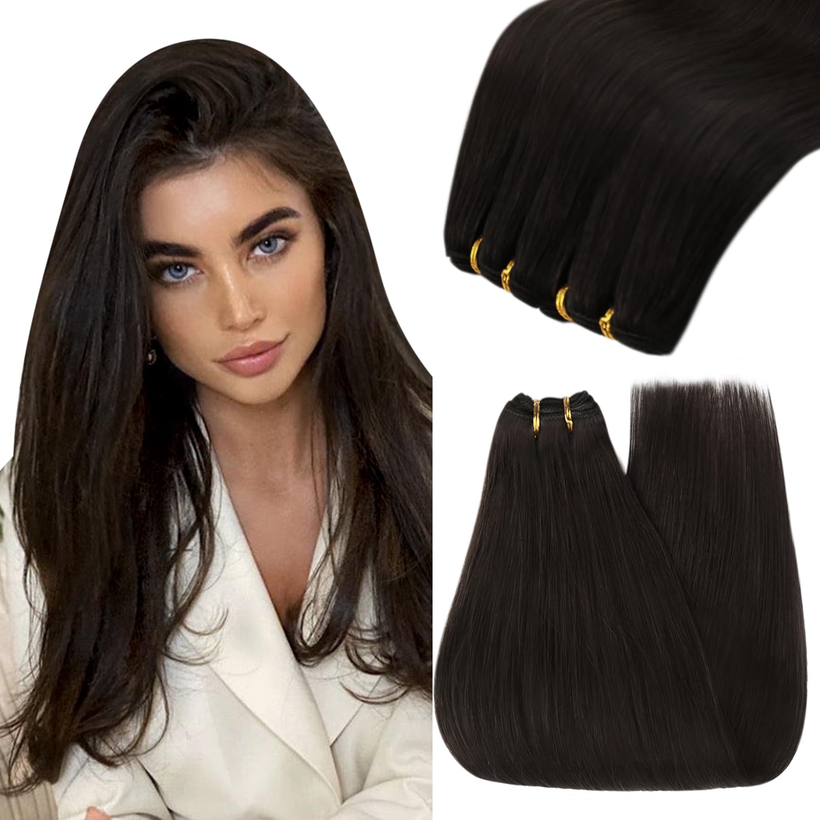 YoungSee 125G Sew in Hair Extensions Real Human Hair Brown Weft Extensions Human Hair Darkest Brown Weft Real Hair Extensions Se