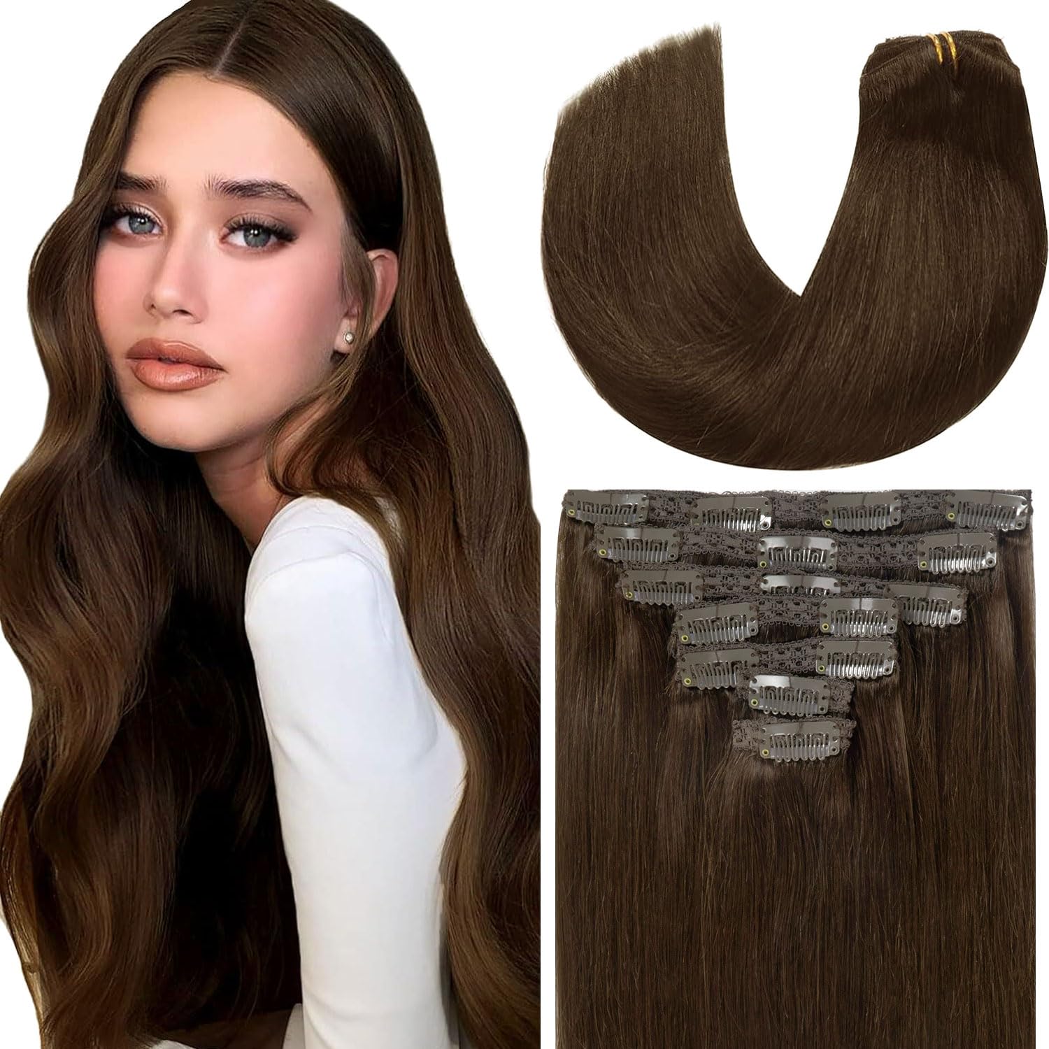 Loxxy Clip in Hair Extensions Human Hair Brown Real Human Hair Clip in Extensions Light Dark Brown Invisible Clip ins Real Remy 