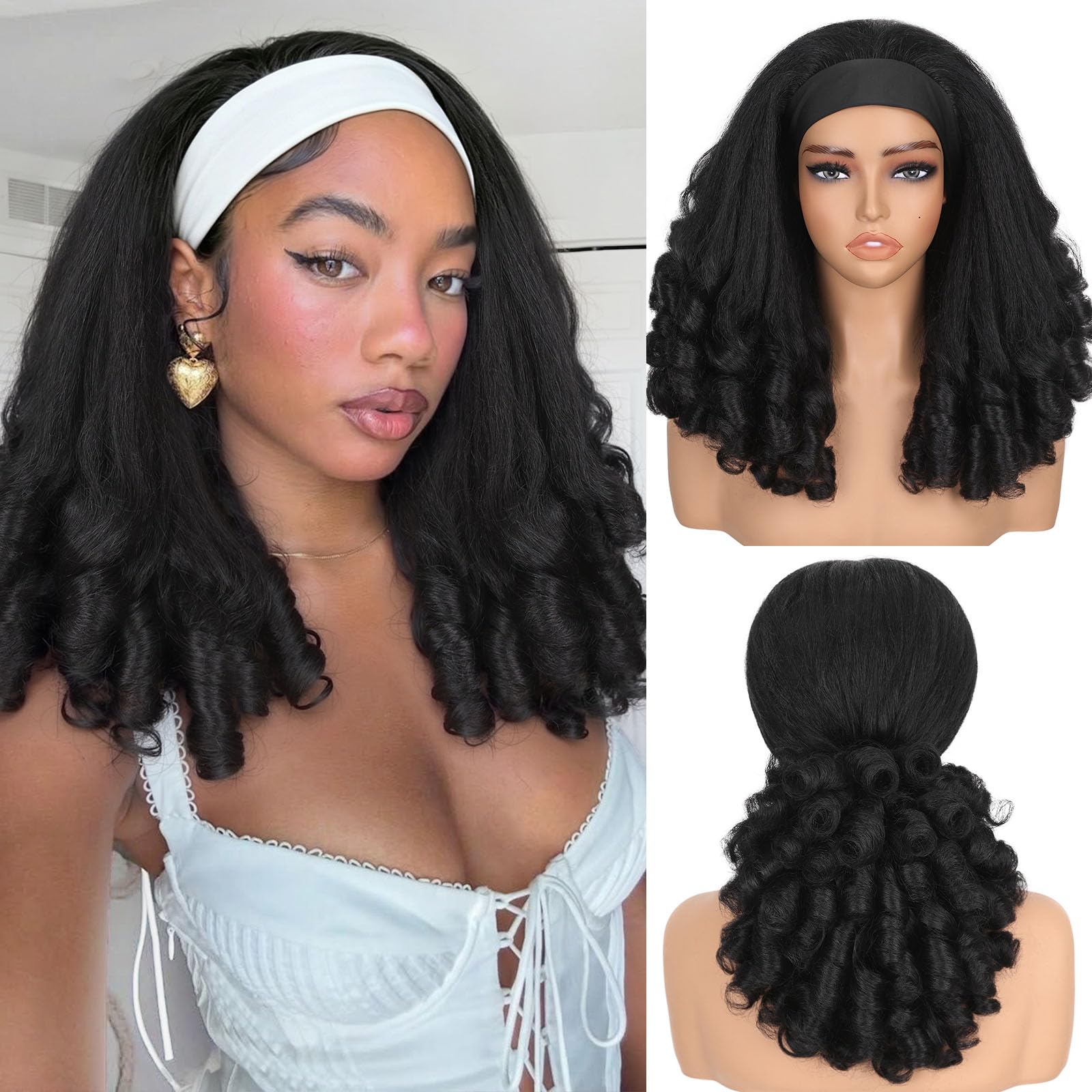 WIGNEE Yaki Curly Headband Wig for Black Women 16 Inch Black
