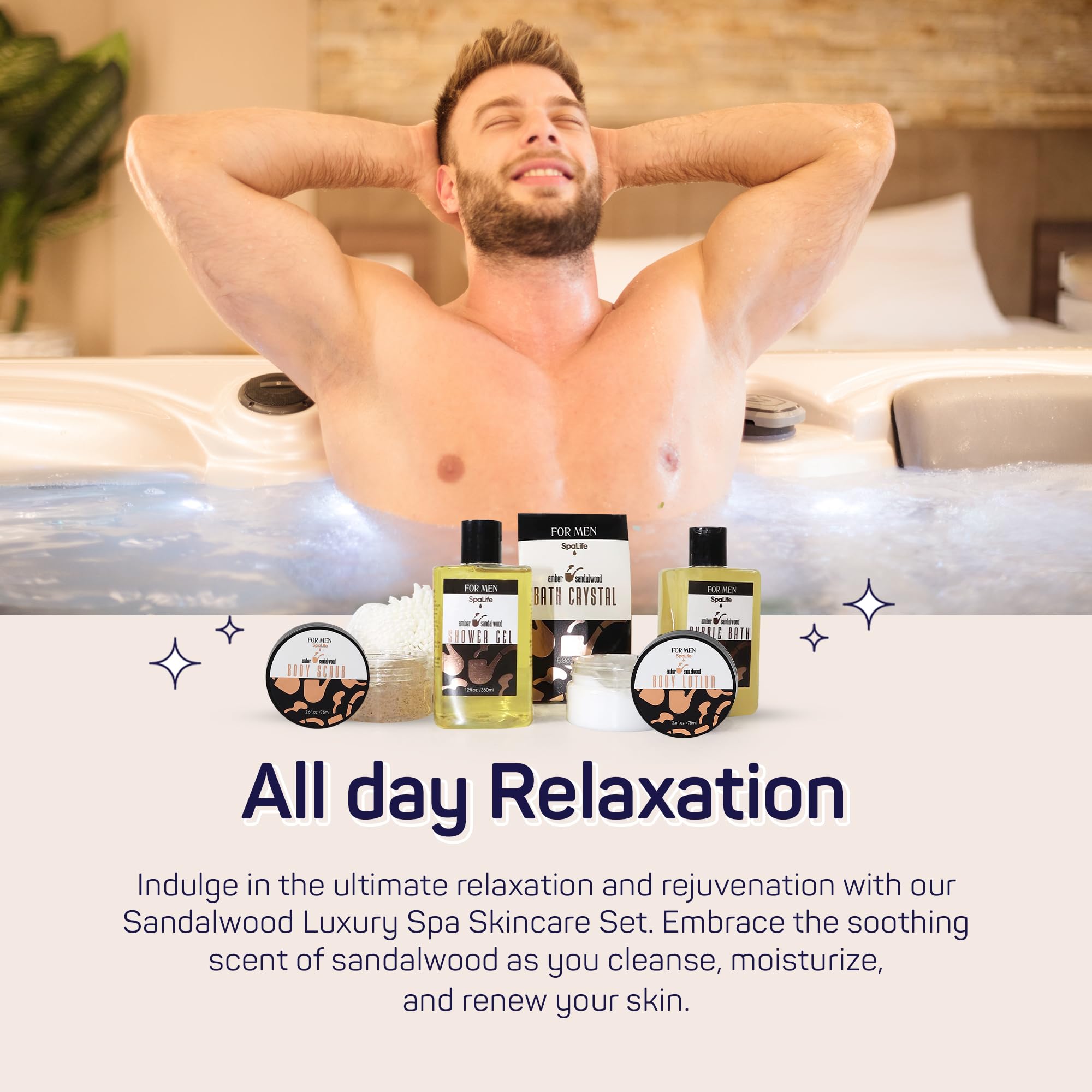 Spalife Men'S Sandalwood Luxury Spa Skincare Set - Complete Care Kit For Rugged Revitalization, Exfoliating Scrub - Bath And Bod