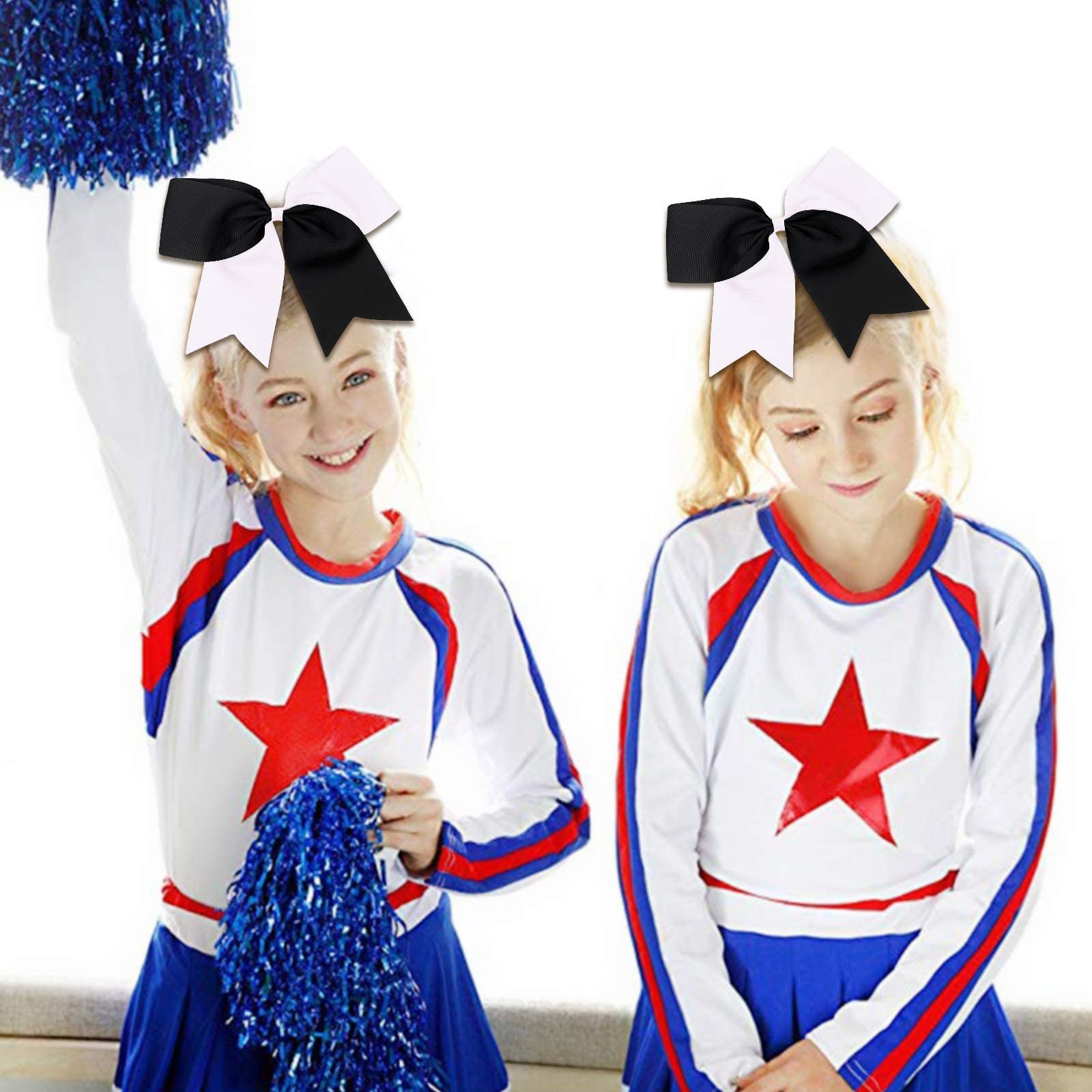 16Pcs 8 '' Large Cheer Hair Bows Ponytail Holder Elastic Band Handmade For Cheerleading Teen Girls College Sports (White/Black,