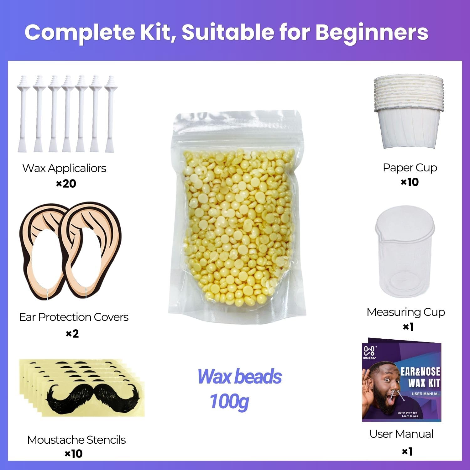 Waxfans Nose Wax Kit Men,Ear Hair Wax Kit,100G Wax,For 20 Uses,Nose & Ear Hair Removal For Men And Women,Long-Lasting For 4 Week