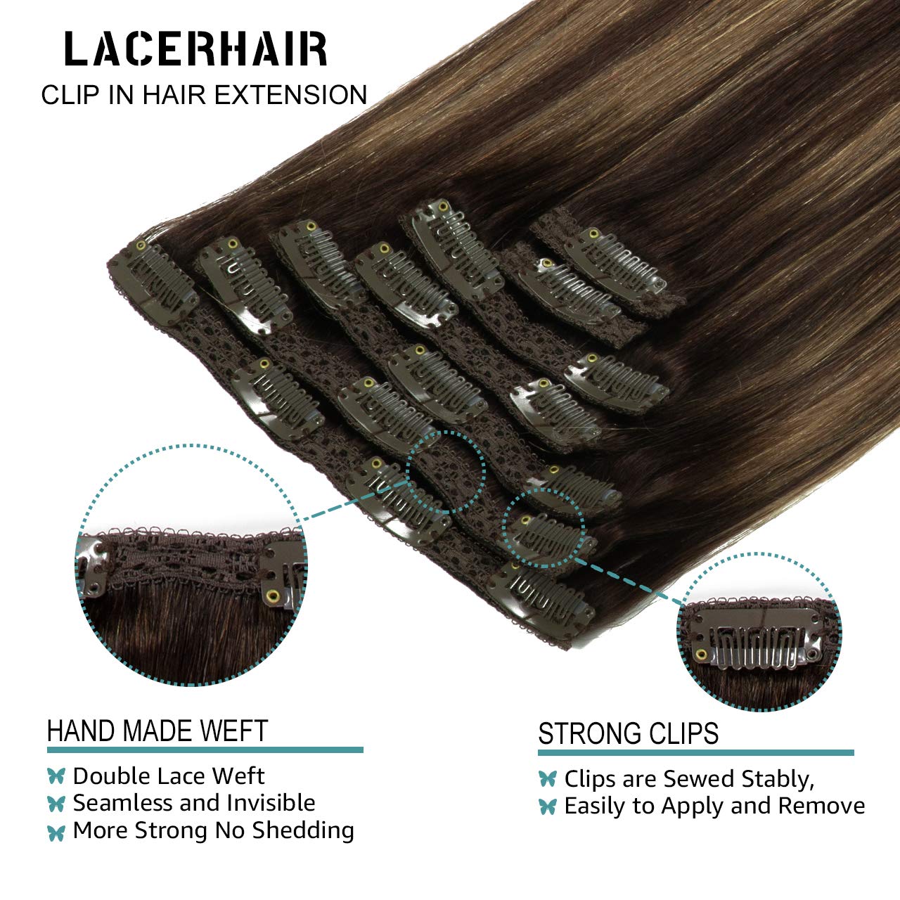 Lacer Clip In Hair Extensions Human Hair Ombre Darkest Brown #2 To Chestnut Brown #6 Real Hair Extensions Clip In Human Hair Str