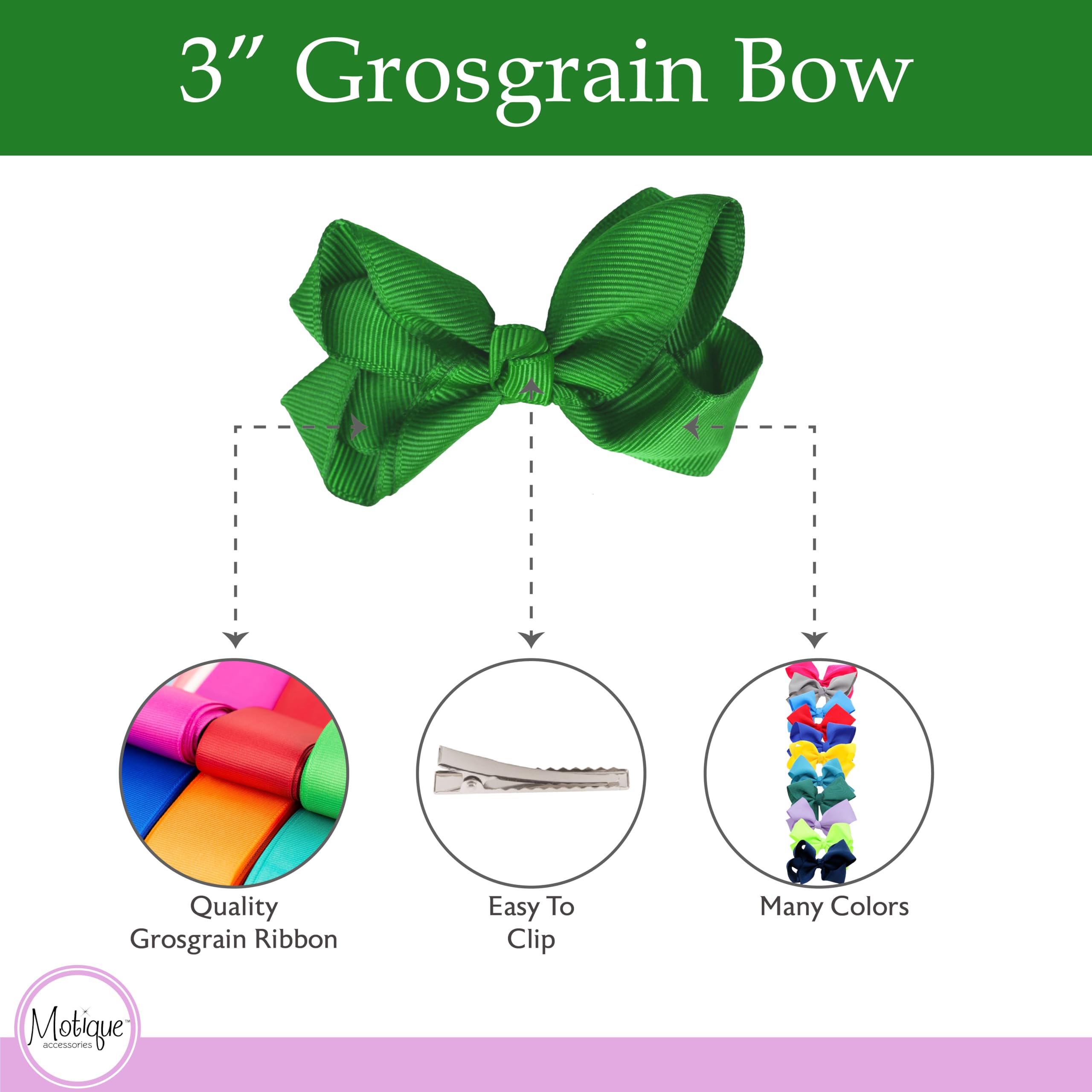 3 Inch Grosgrain Bow for Little Girls- Set of 2 (Kelly Green)