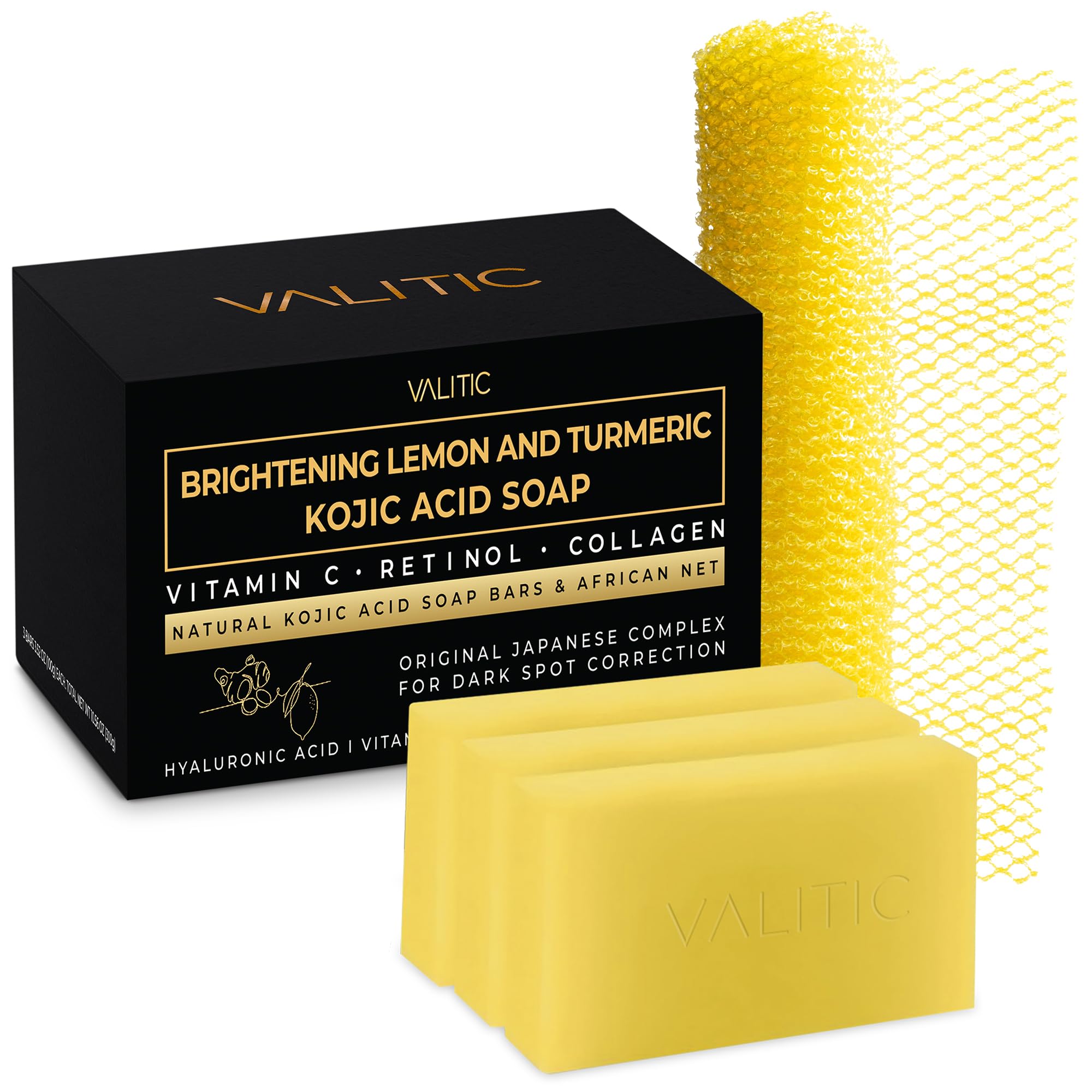 VALITIC Brightening Lemon and Turmeric Kojic Acid Soap - Vitamin C, Retinol - Original Japanese Complex with Hyaluronic Acid, Vi