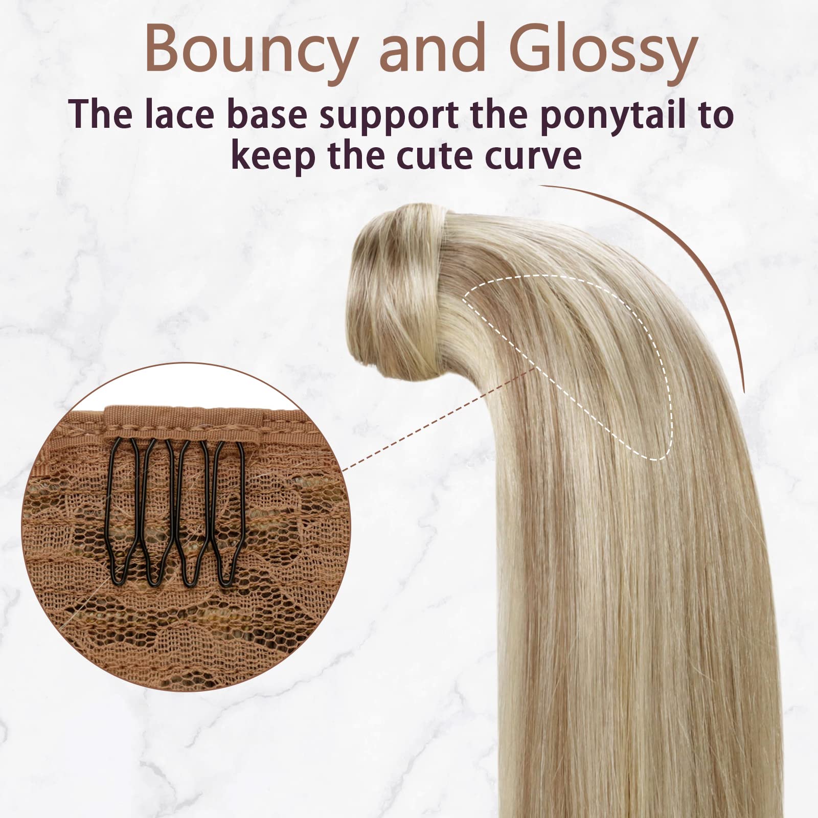 Runature Blonde Real Hair Ponytail Extensions 20 Inch 80G Long Ponytail Hair Extensions Human Hair With Clip Ash Brown With Plat