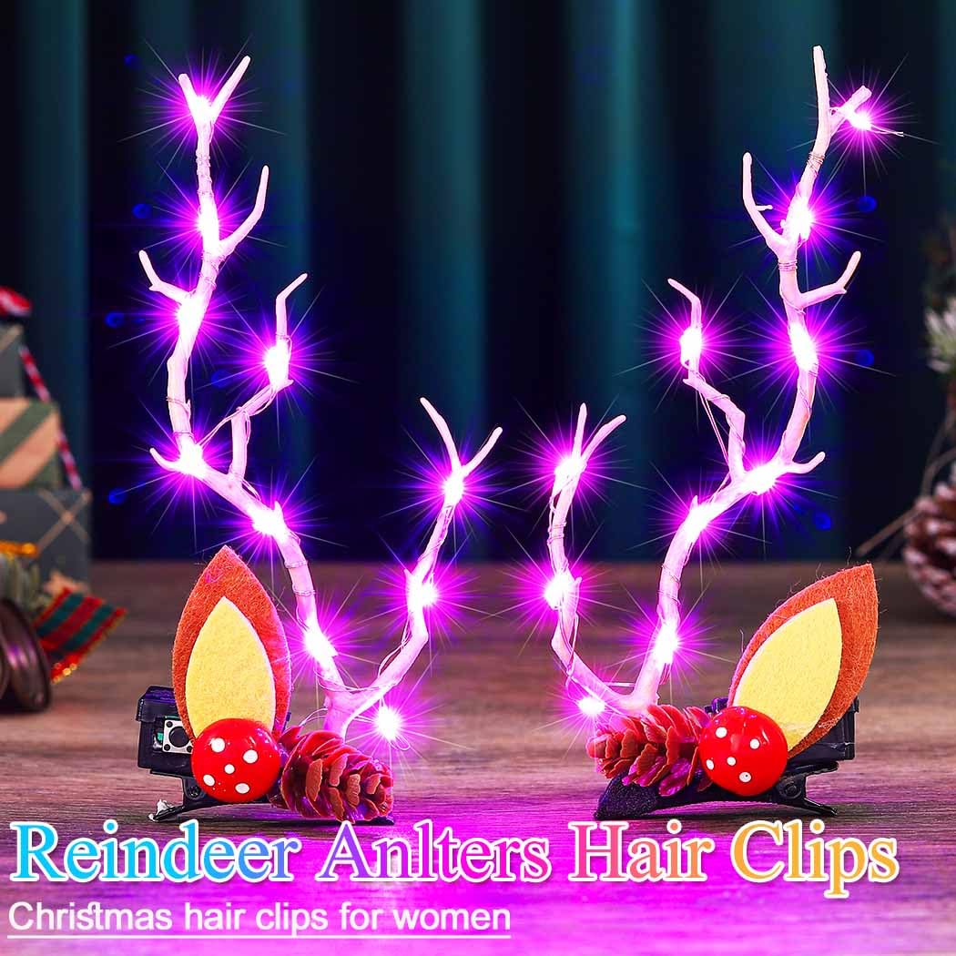 Bartosi Light Up Christmas Hair Clips Reindeer Antlers Xmas Hairpins Hair Accessories For Women And Girls (Pack Of 2)
