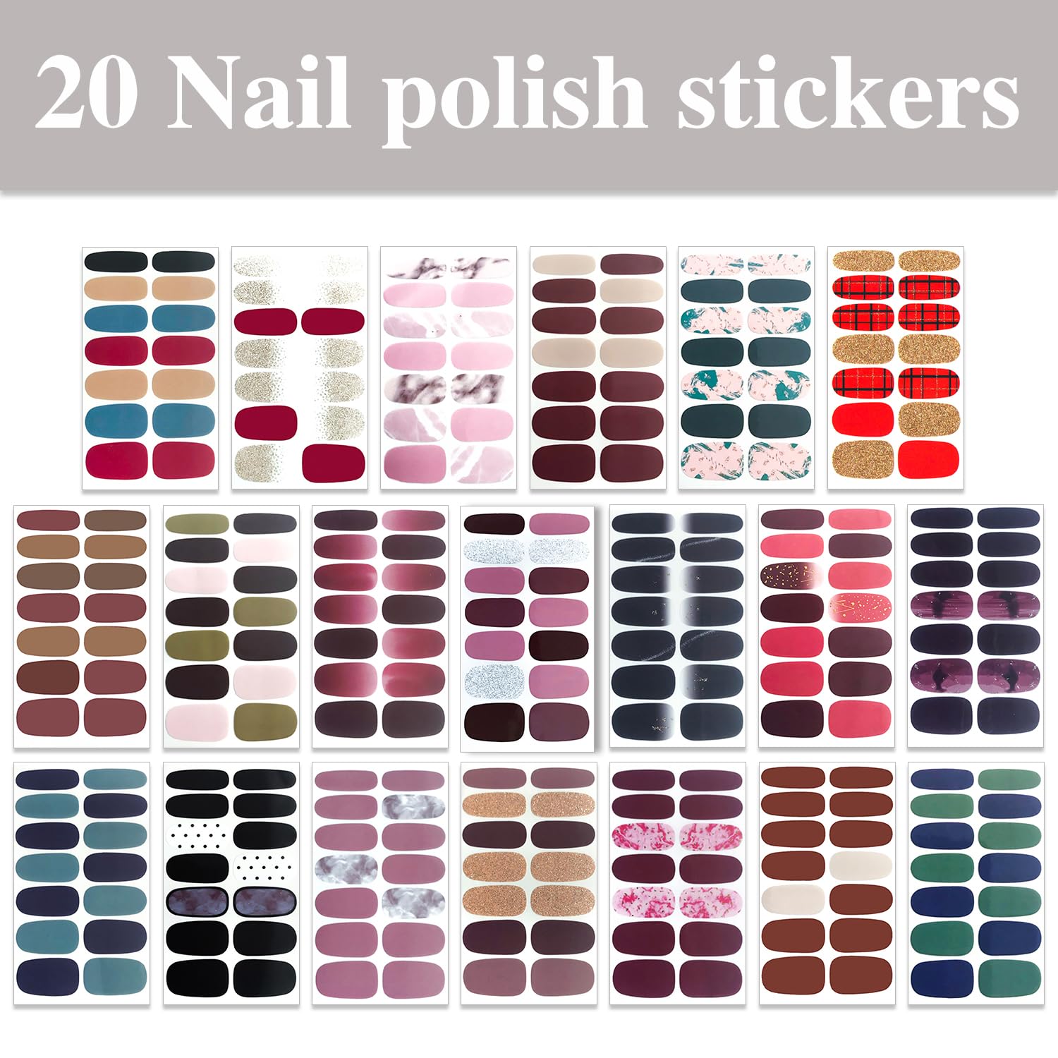 Wokoto 20 Sheets Solid & Gradient Full Nail Wraps For Women Nails Self Adhesive Nail Polish Stickers Classic Solid Nail Strips P