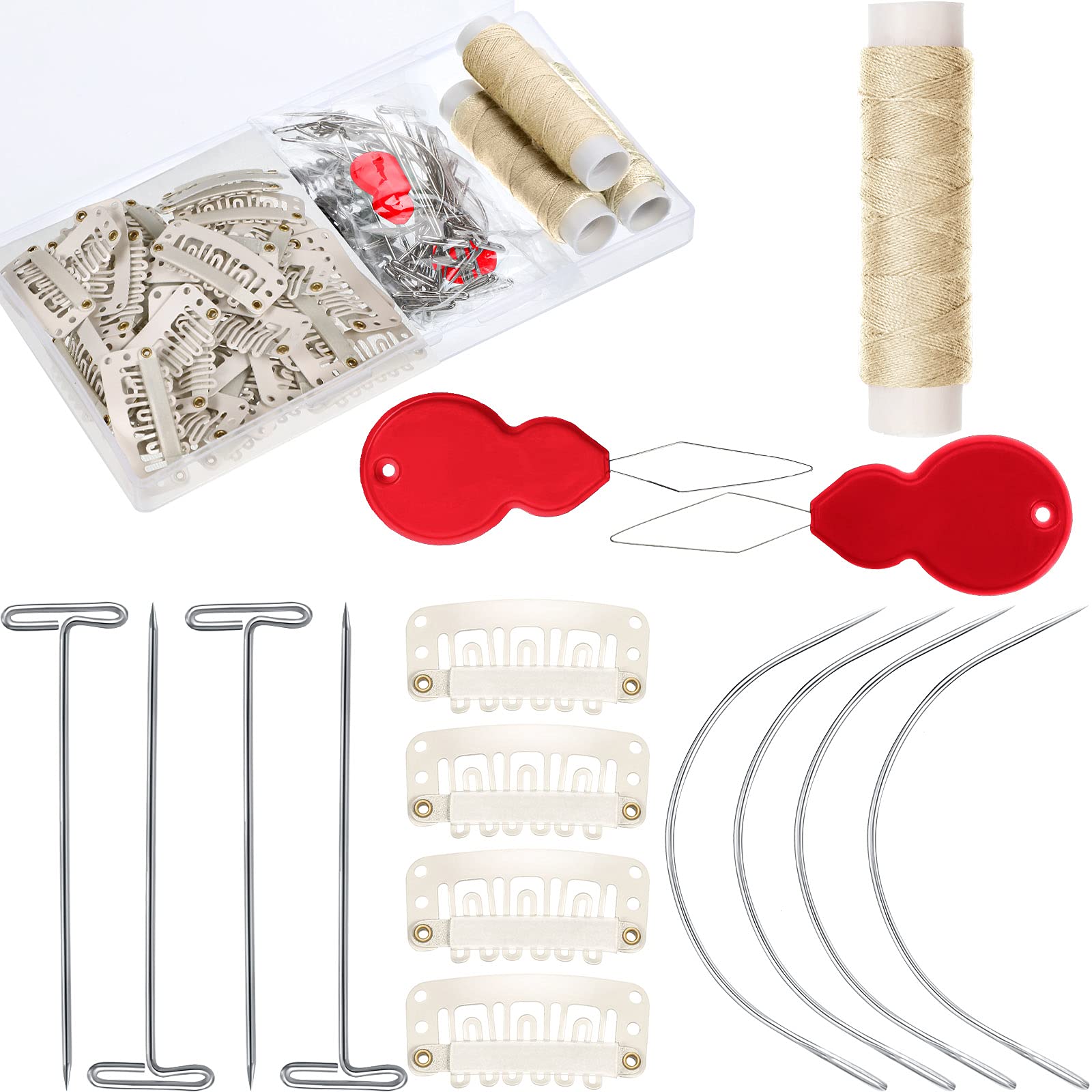 WILLBOND 85 Pieces Hair Extensions Clip Wig Making Set, Includes 50 U-Shape Snap Clips, 10 Curved Needles, 20 T-Pins, 3 Rolls We