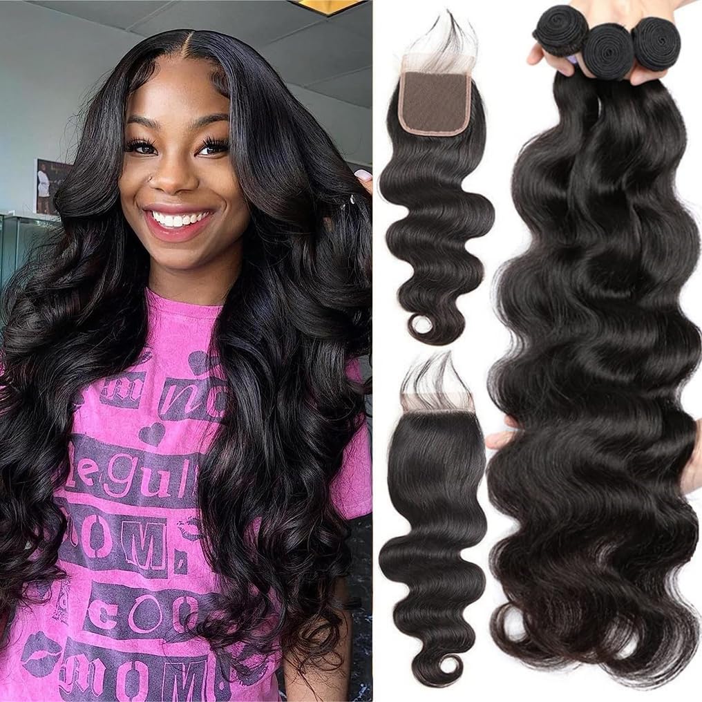 Human Hair Bundles with Closure (10 10 10+10,Free Part) Body Wave Bundles with Closure Human Hair 10A Brazilian Virgin Bundles H