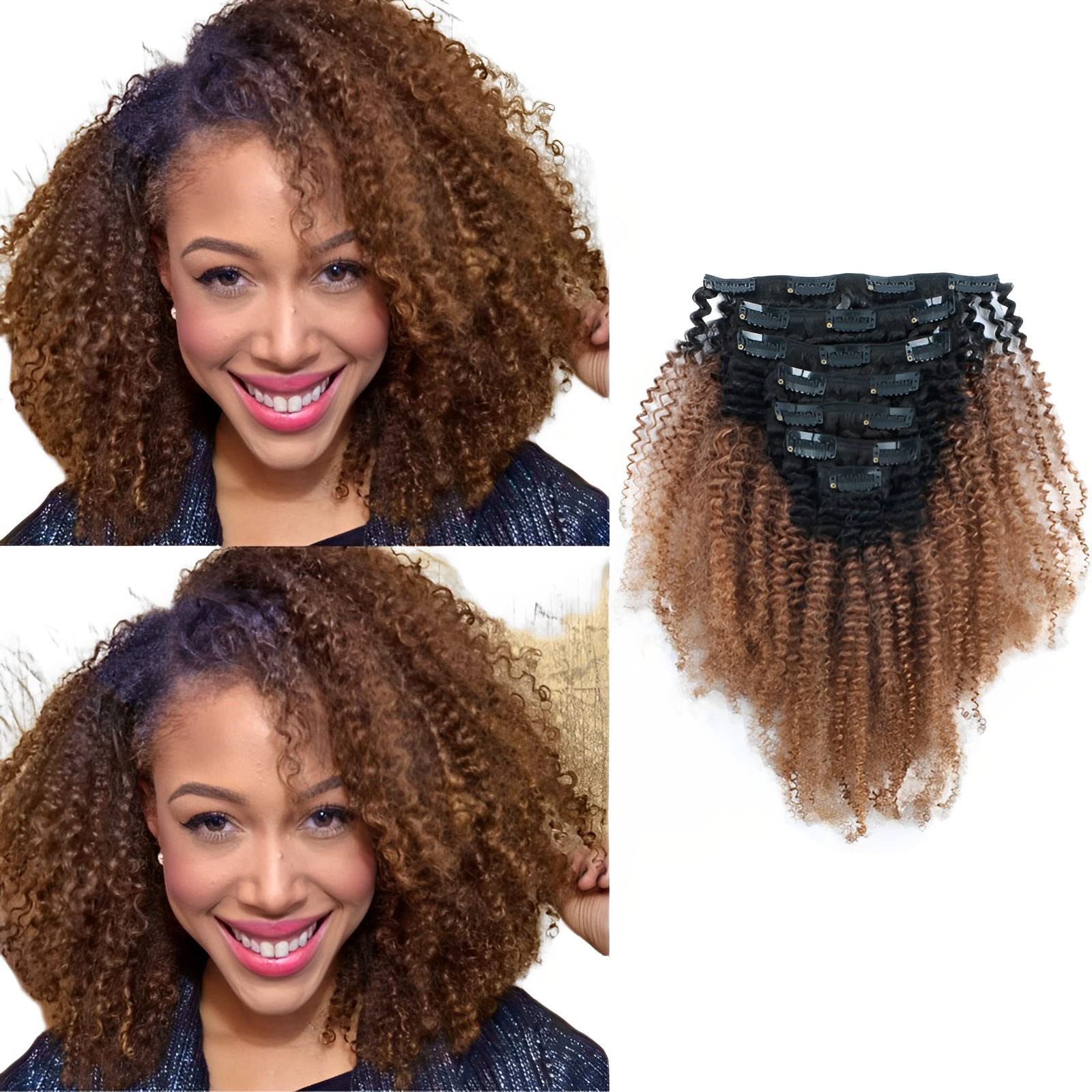 AmazingBeauty 3C 4A Big Afro Curly Ombre Hair Extensions Double Weft Real Remy Human Hair for African American, Two Tone Clip In
