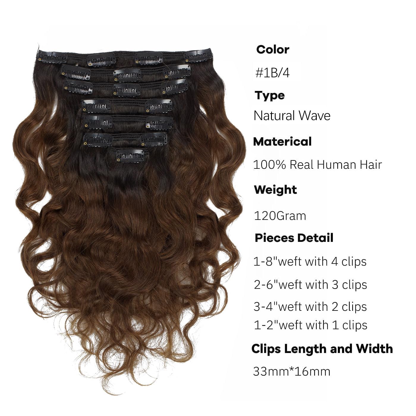 Loxxy Clip In Human Hair Extensions Natural Wave And Natural Color Virgin Remy Human Hair Extensions Off Black To Dark Brown 22I