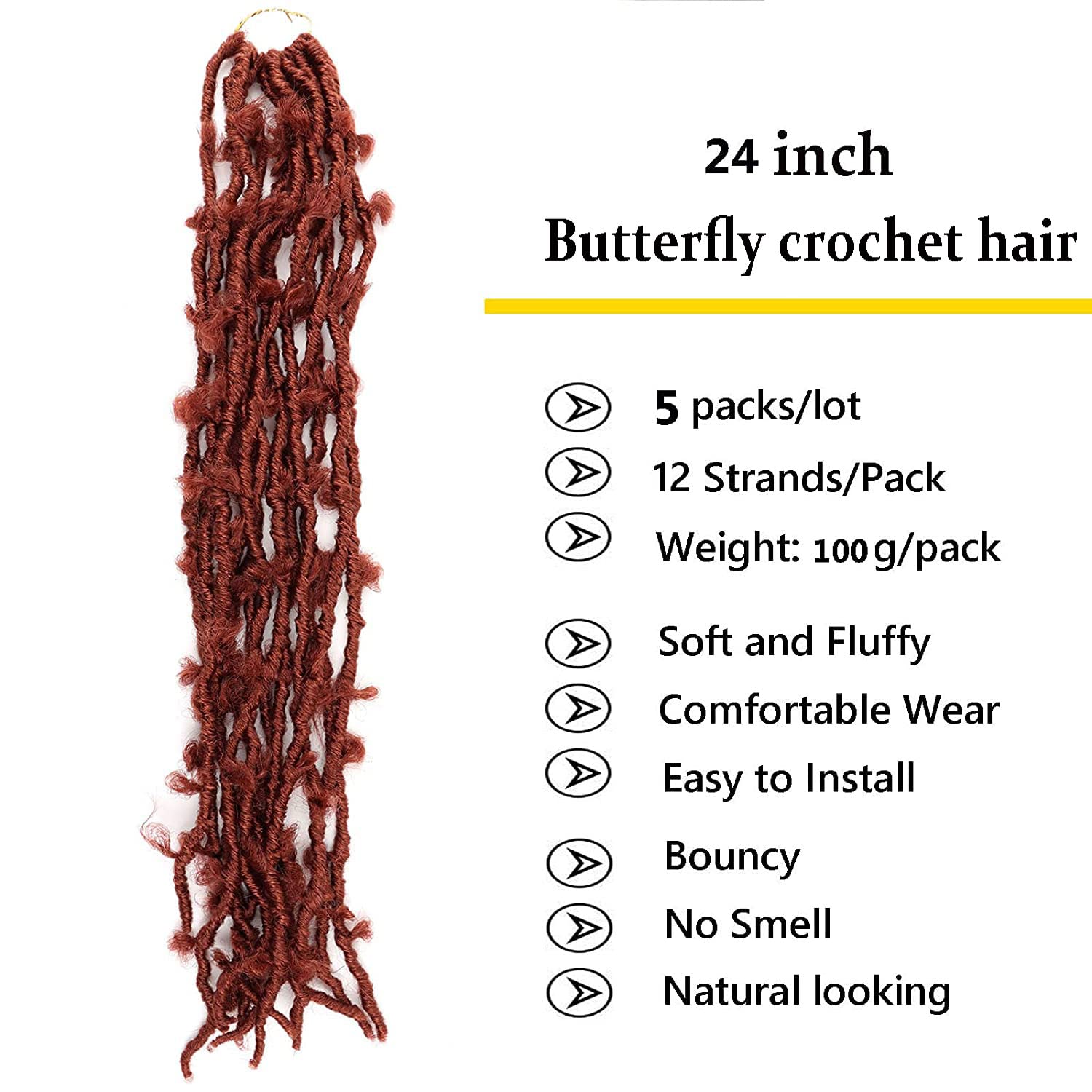 Lmzim 5 Packs 24 Inch Butterfly Crochet Hair For Black Women Faux Locs Pre Looped Pre-Twisted Braids (24 Inch 5 Pack, 350)