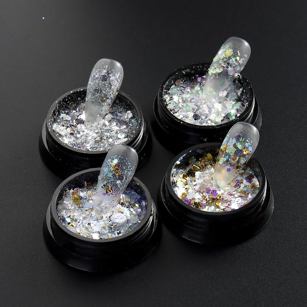 4 Boxes Chameleon Holographic Glitter Nail Art Sequins, Iridescent Mermaid Hexagon Flakes Sparkle Glitters Powder Dust Accessori