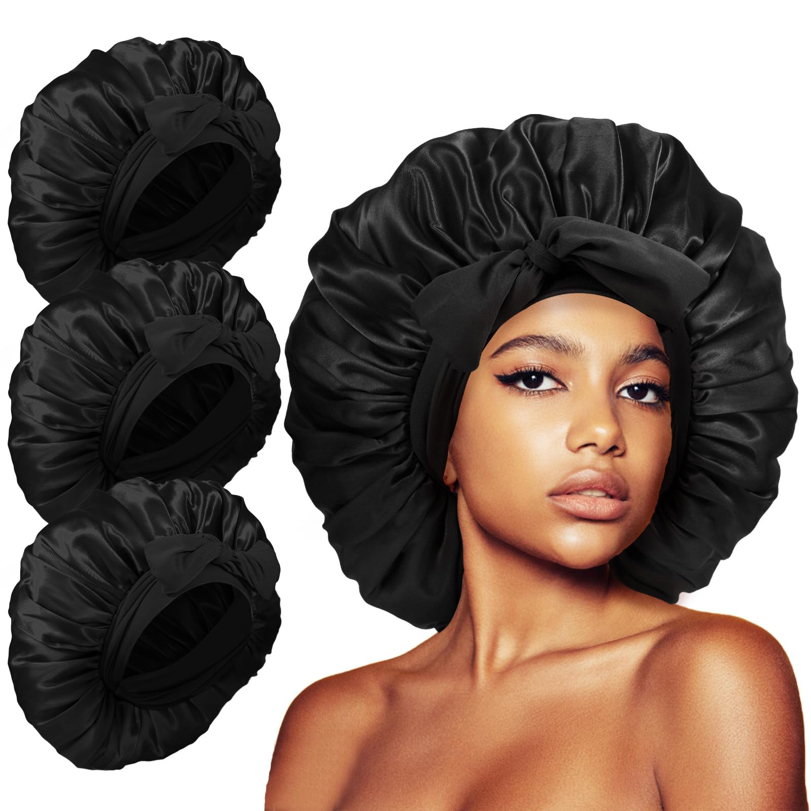 3Pcs Silk Bonnet For Sleeping Women, Extra Large Satin Bonnet For Black Curly Women Braids Hair Jumbo Bonnet Showercap(Black)