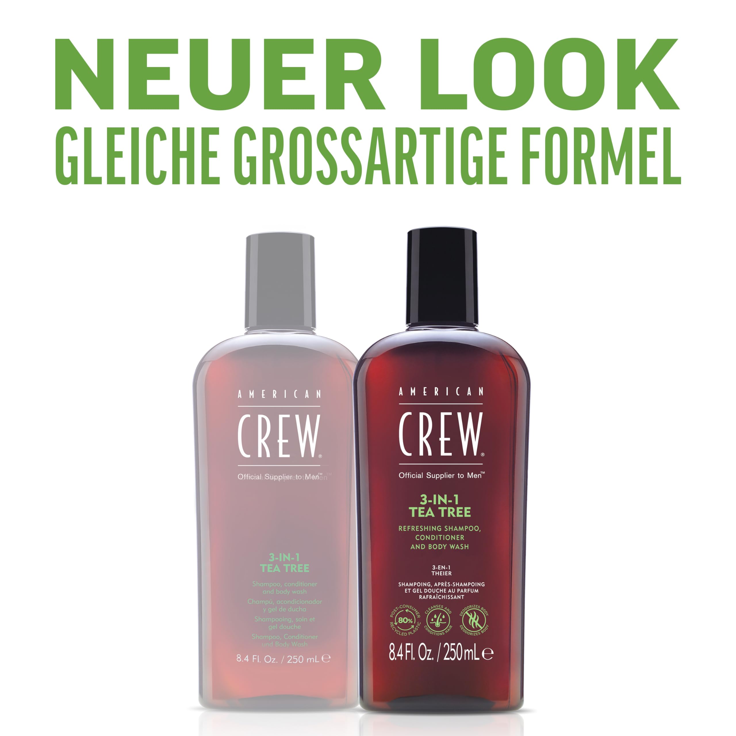 American Crew 3-in-1 Shampoo, Conditioner & Body Wash, Tea Tree Scent, 15.2 Fl Oz, Black