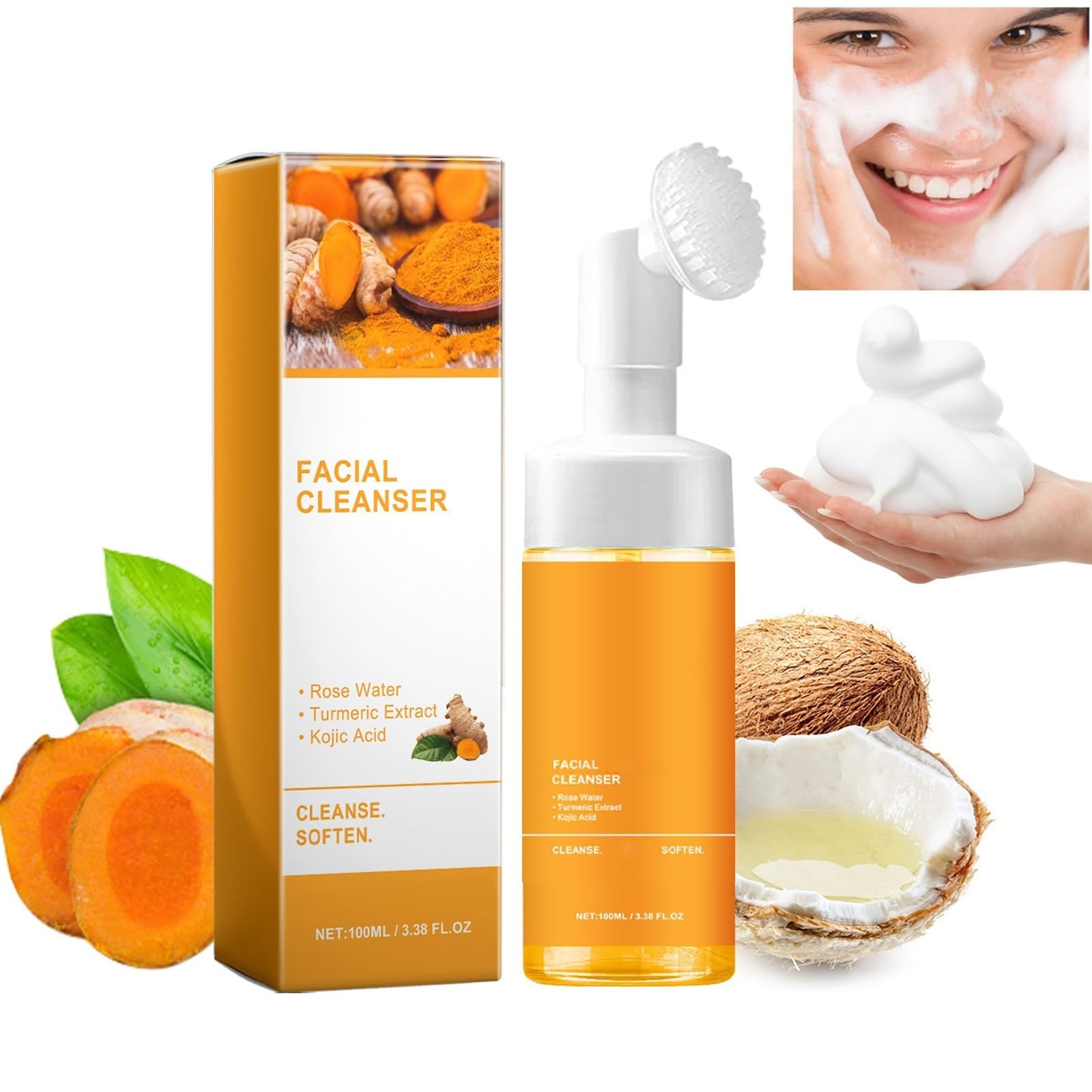 JISKG Turmeric Glow Wash Face Wash With Brush, Deep Cleansing Scrub Exfoliating Turmeric Foaming Facial Cleanser For All Skin. (