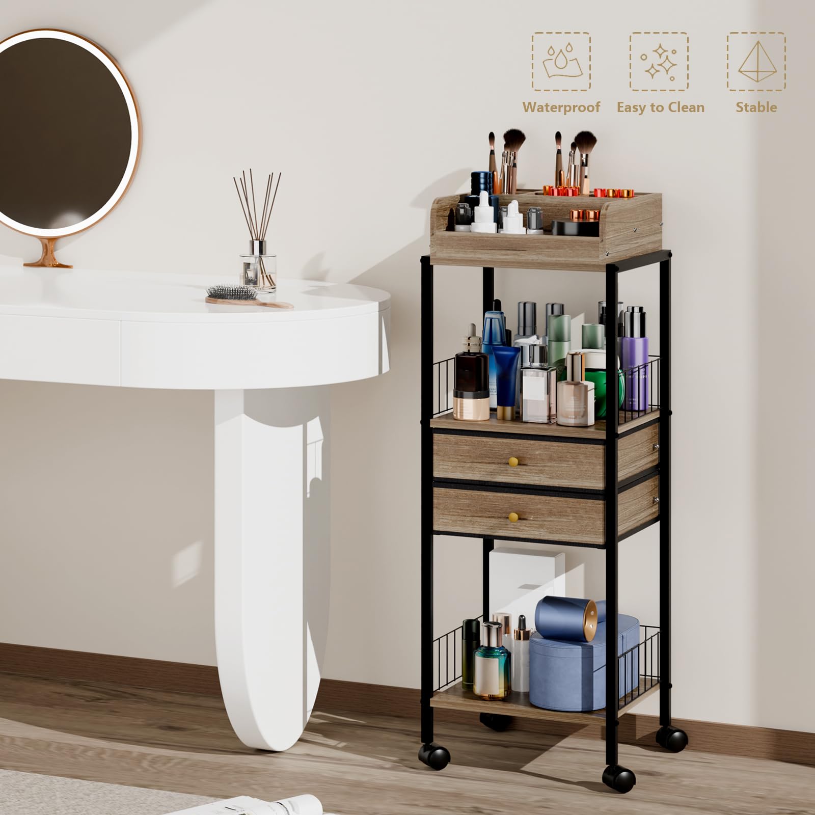 Makeup Organizer Cart Shelf Floor Skincare Organizers Make Up and Station Storage Cabinet For Vanity Standing Cosmetics With Dra