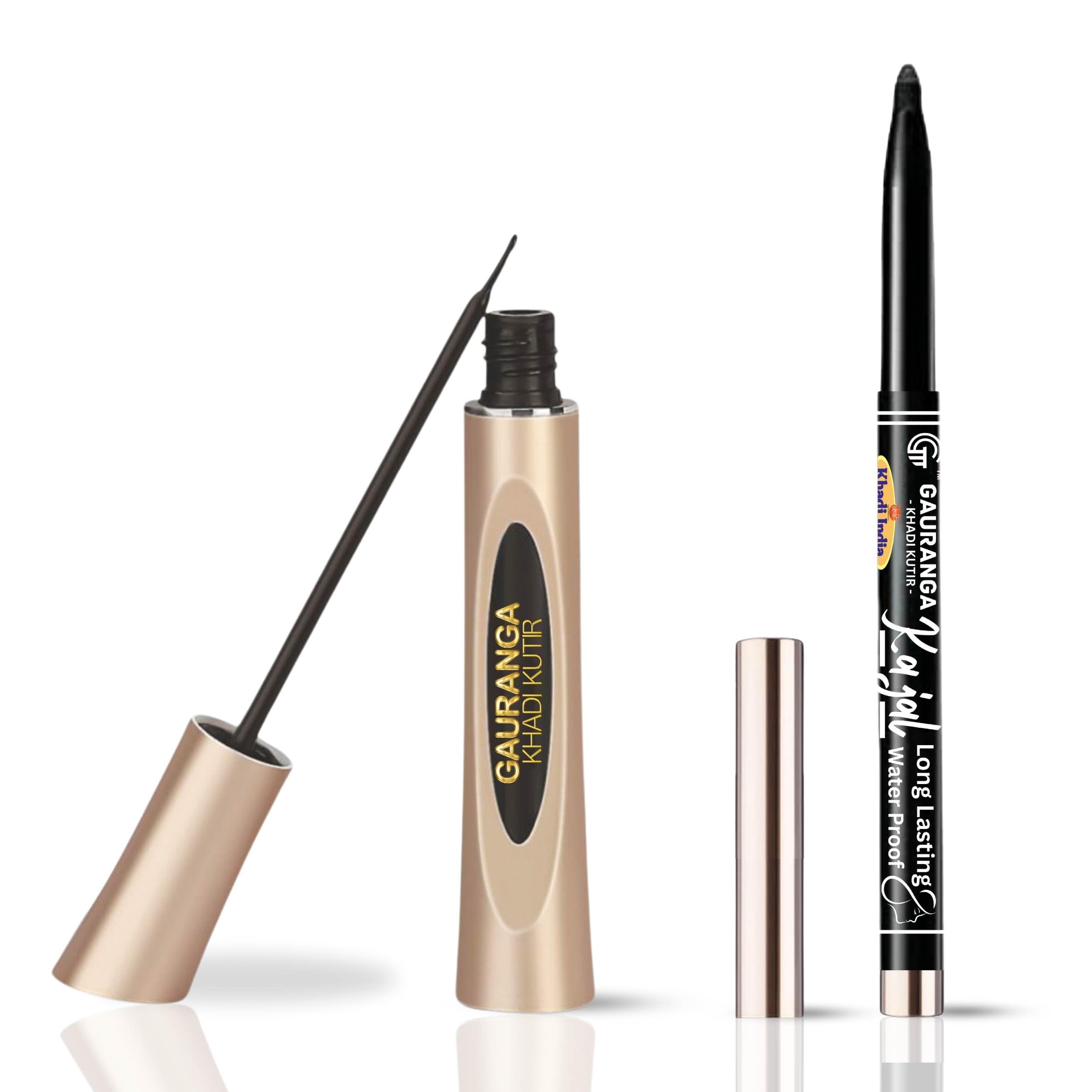 Gauranga Khadi Eyeliner & Herbal Kajal  Waterproof Liquid Eyeliner | FlexiTip Applicator, Almond Oil And Vitamin E Hydrate And