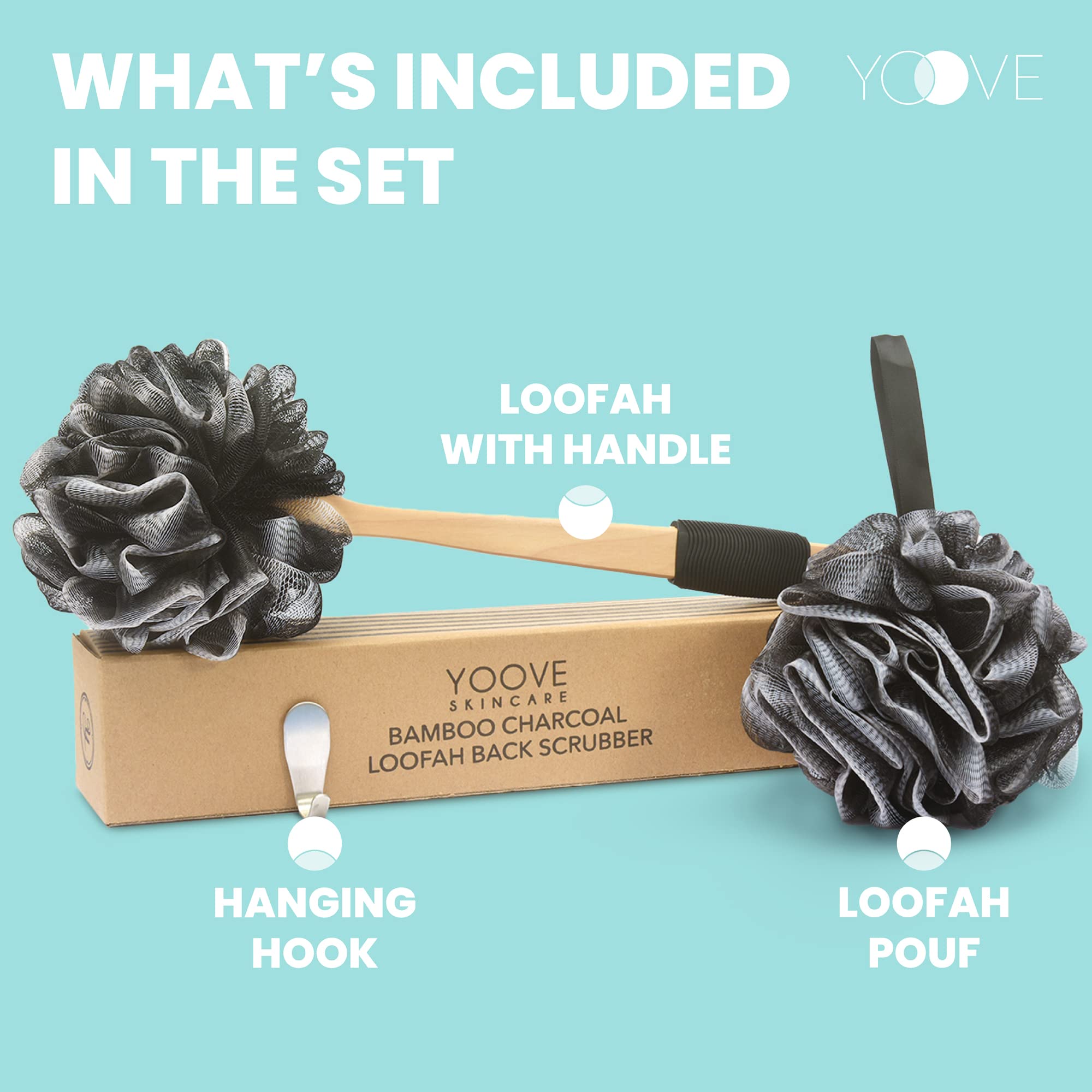Loofah With Handle | Bamboo Charcoal Infused Loofah Back Scrubber For Shower | Exfoliating Back Loofah For Shower For Men & Wome