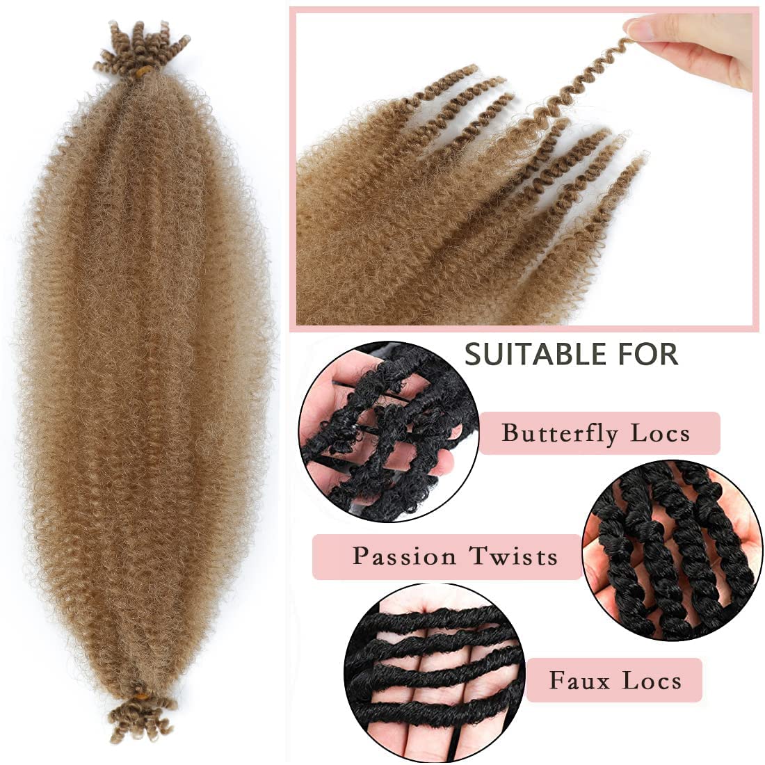 8 Packs Springy Afro Twist Hair 16 inch 27# Pre-Separated Kinky Marley Twist Braiding Hair Soft Synthetic Crochet for Distressed