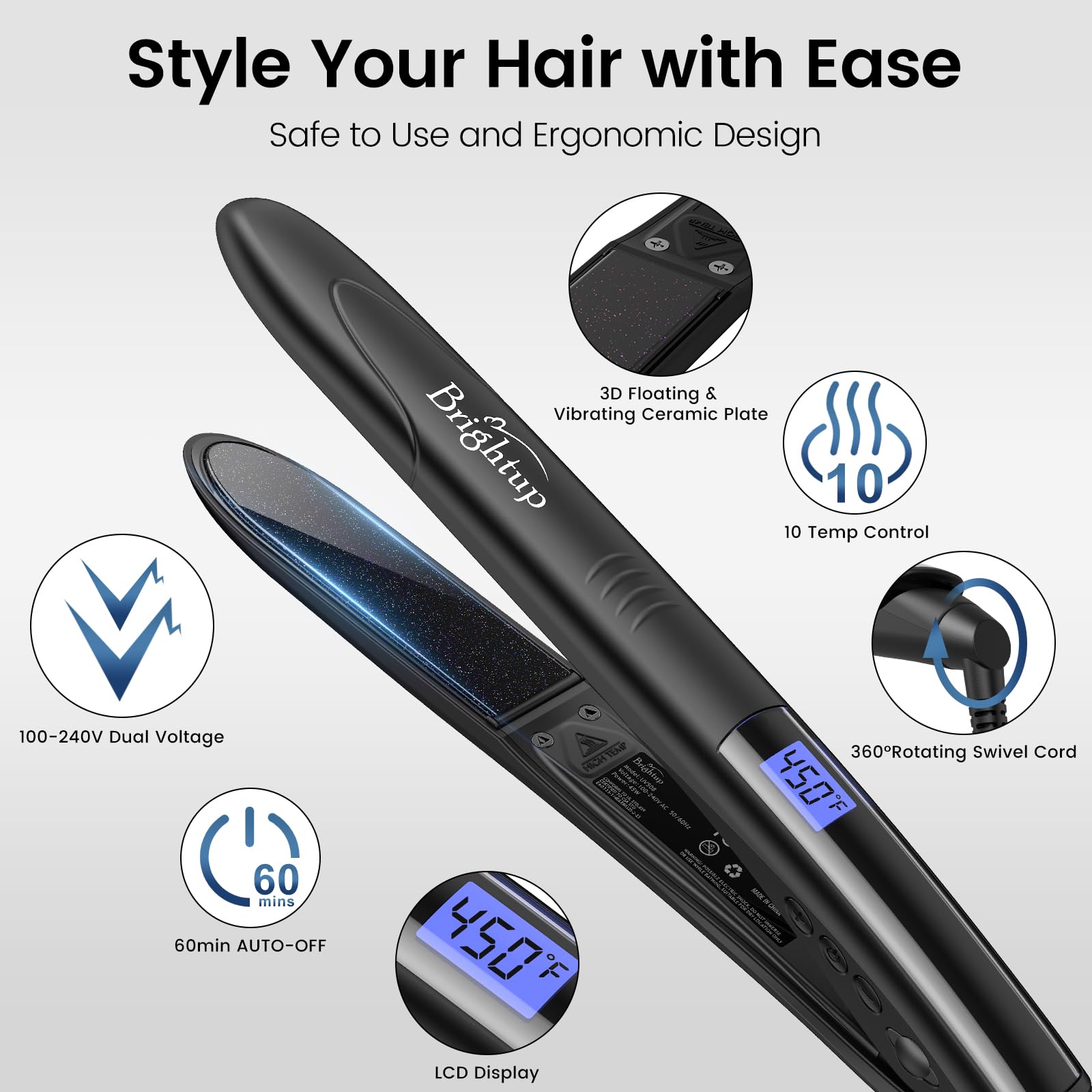 Brightup Vibrating Hair Straightener And Curler 2 In 1, Mch Rapid 20S Heat Up, Ceramic Flat Iron With 10 Temp Control/Auto Shut