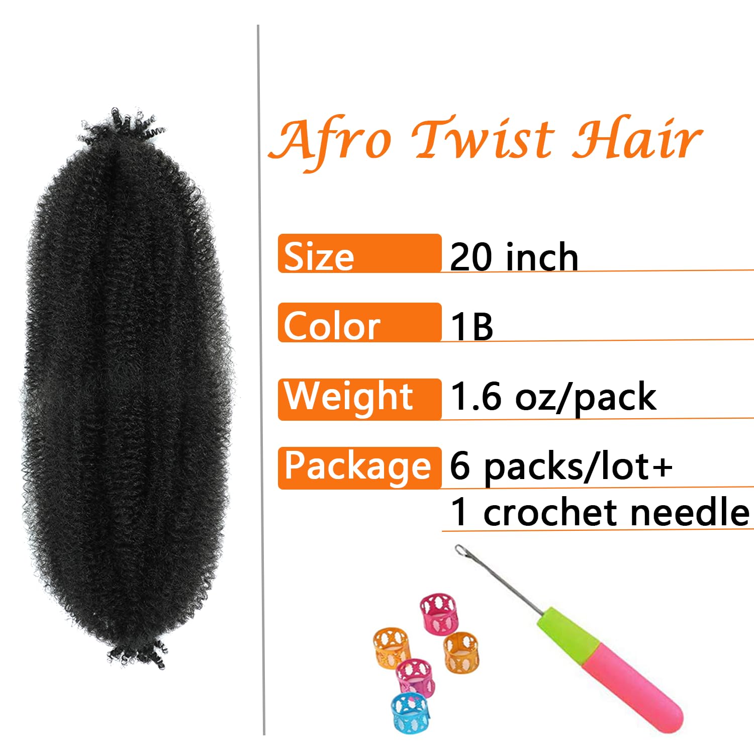 Springy Afro Twist Hair 20 Inch 6 Packs Black Color Pre Fluffed Marley Twist Braiding Hair For Black Women (20 Inch, 6 Packs, 1B