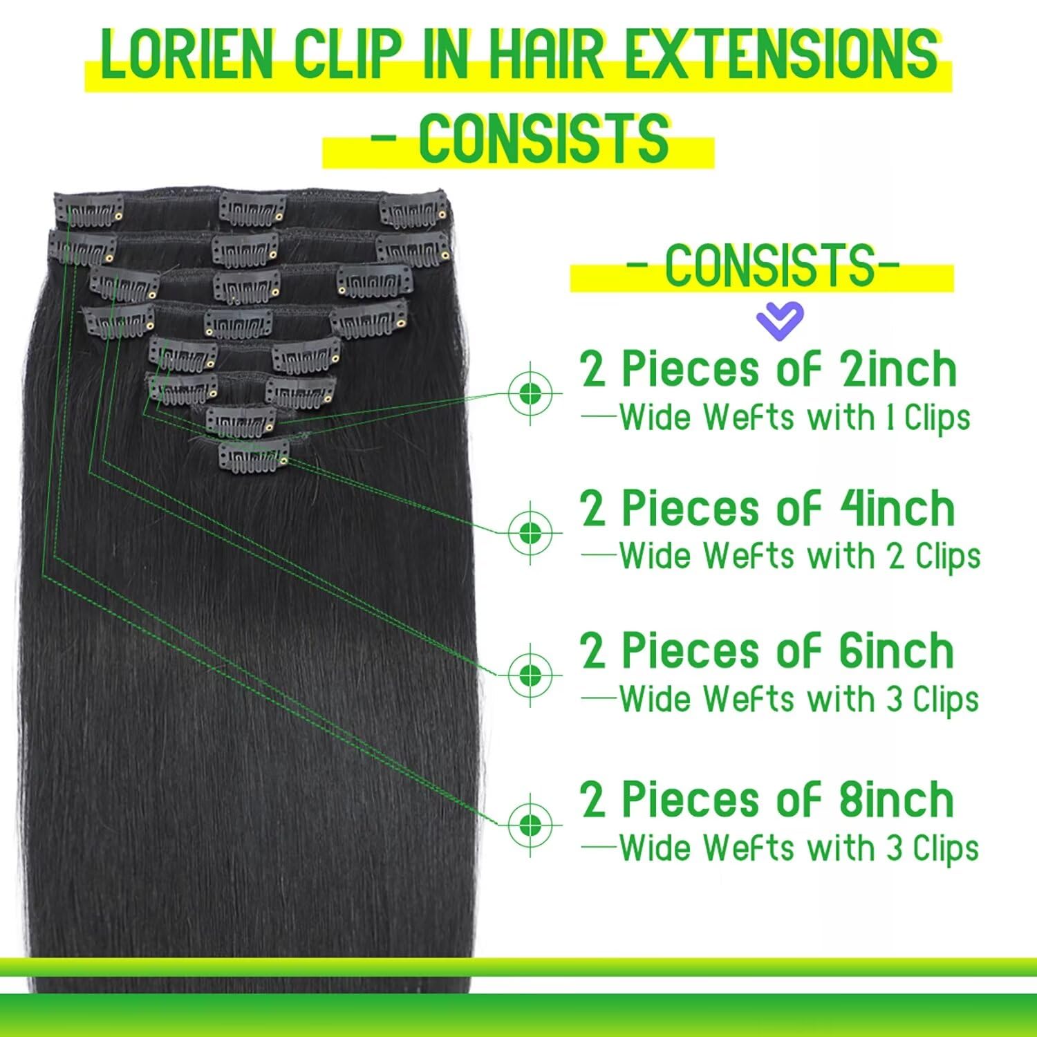 Lorien Clip In Hair Extensions Real Human Hair, 20 Inch 105G, 1 Jet Black, Clip In 100% Brazilian Remy Human Hair Extensions 8Pc