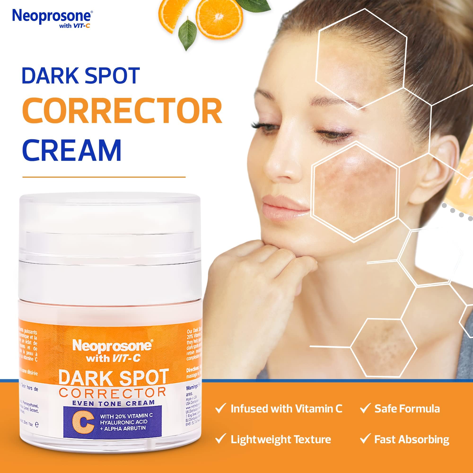 Neoprosone 20% Vitamin C Dark Spot Corrector Cream - 1 Fl Oz / 30Ml - Skin Brightening Gel Cream - With Hyaluronic Acid, Vitamin