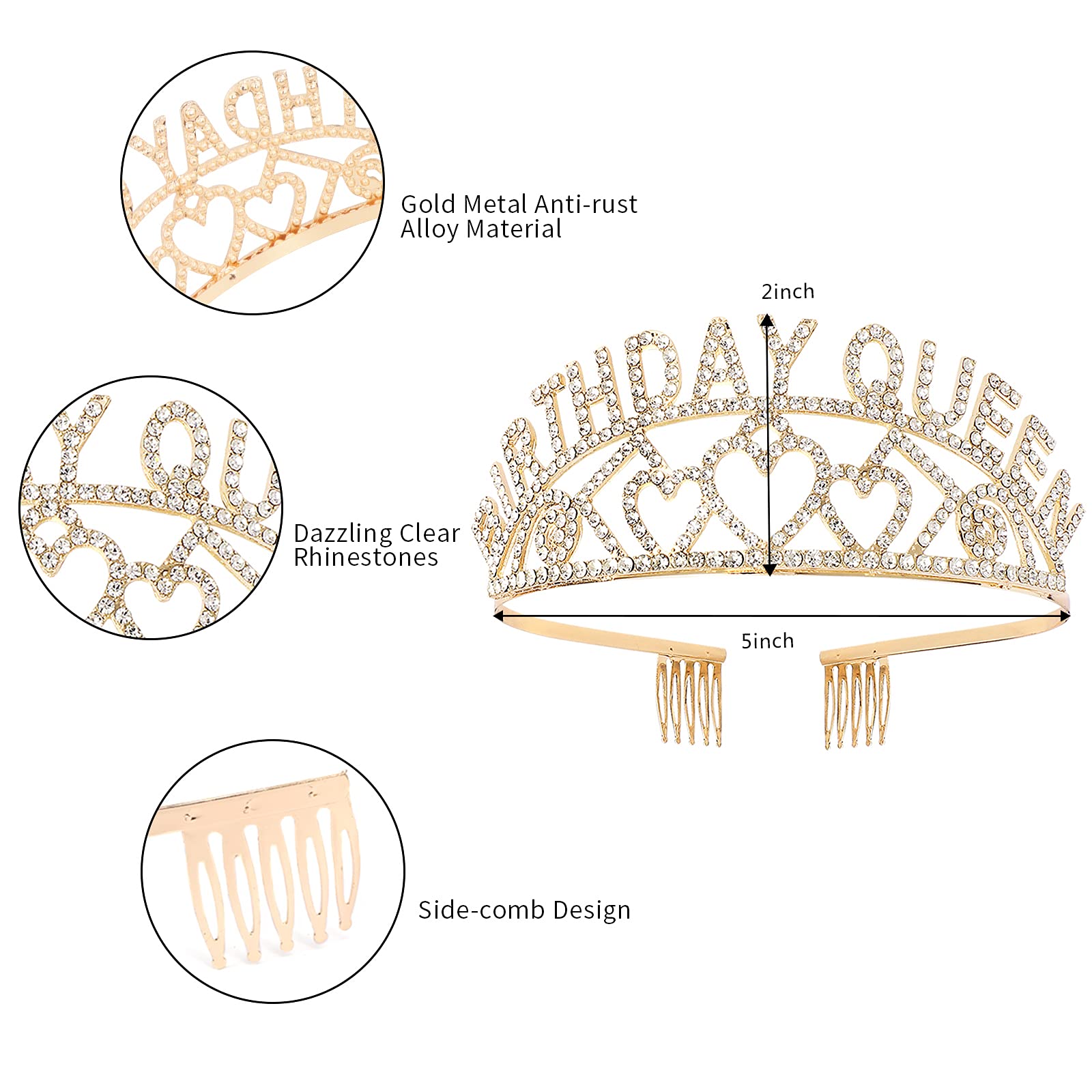 Cieher Birthday Crown, Birthday Queen Sash & Rhinestone Tiara Kit For Women Girls,Tiaras And Crowns For Women,Gold Queen Crown,P