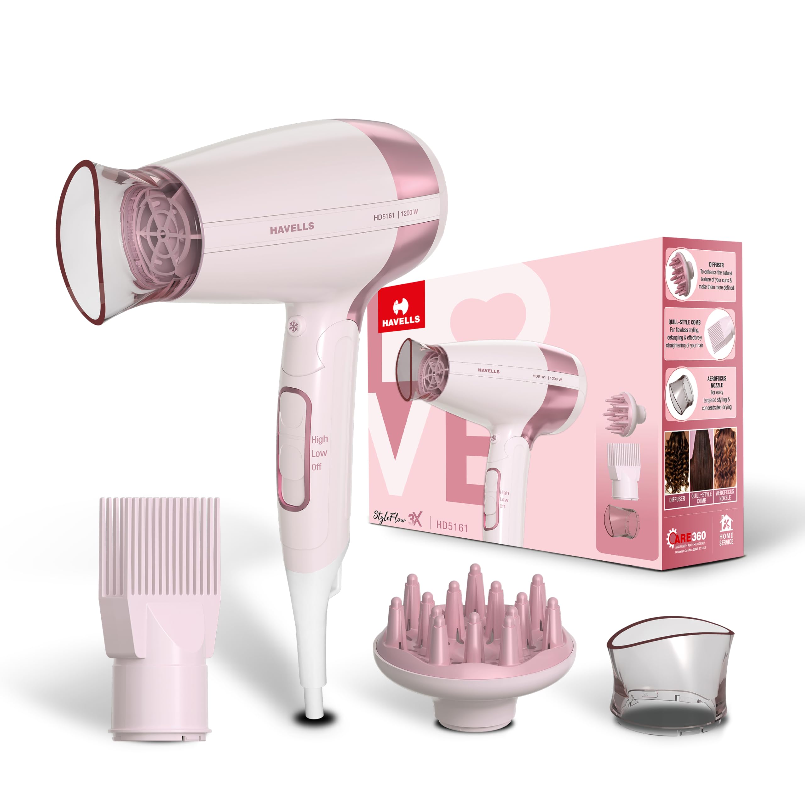 Havells Styling Hair Dryer | 3 Detachable Attachments | Diffuser, Quill-Style Comb & Aerofocus Nozzle | 3 Temperature/ 2 Speed S