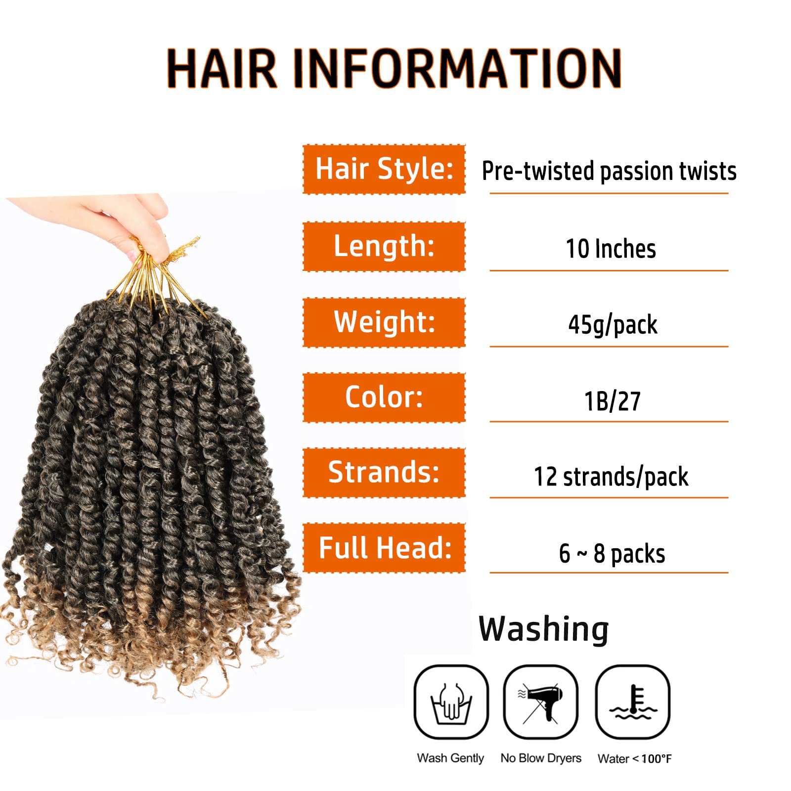Dorsanee Passion Twist Crochet Hair 10 Inch, Pre-looped Synthetic Braids, 8 Packs, Bohemian Style, Color 1B/27