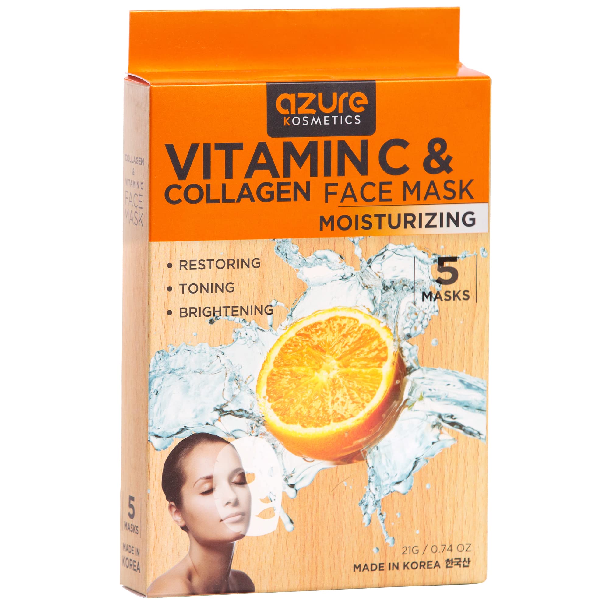 AZURE Vitamin C & Collagen Moisturizing Facial Mask- Anti Aging, Deeply Moisturizing & Firming - Brightening Mask, Improves Elas
