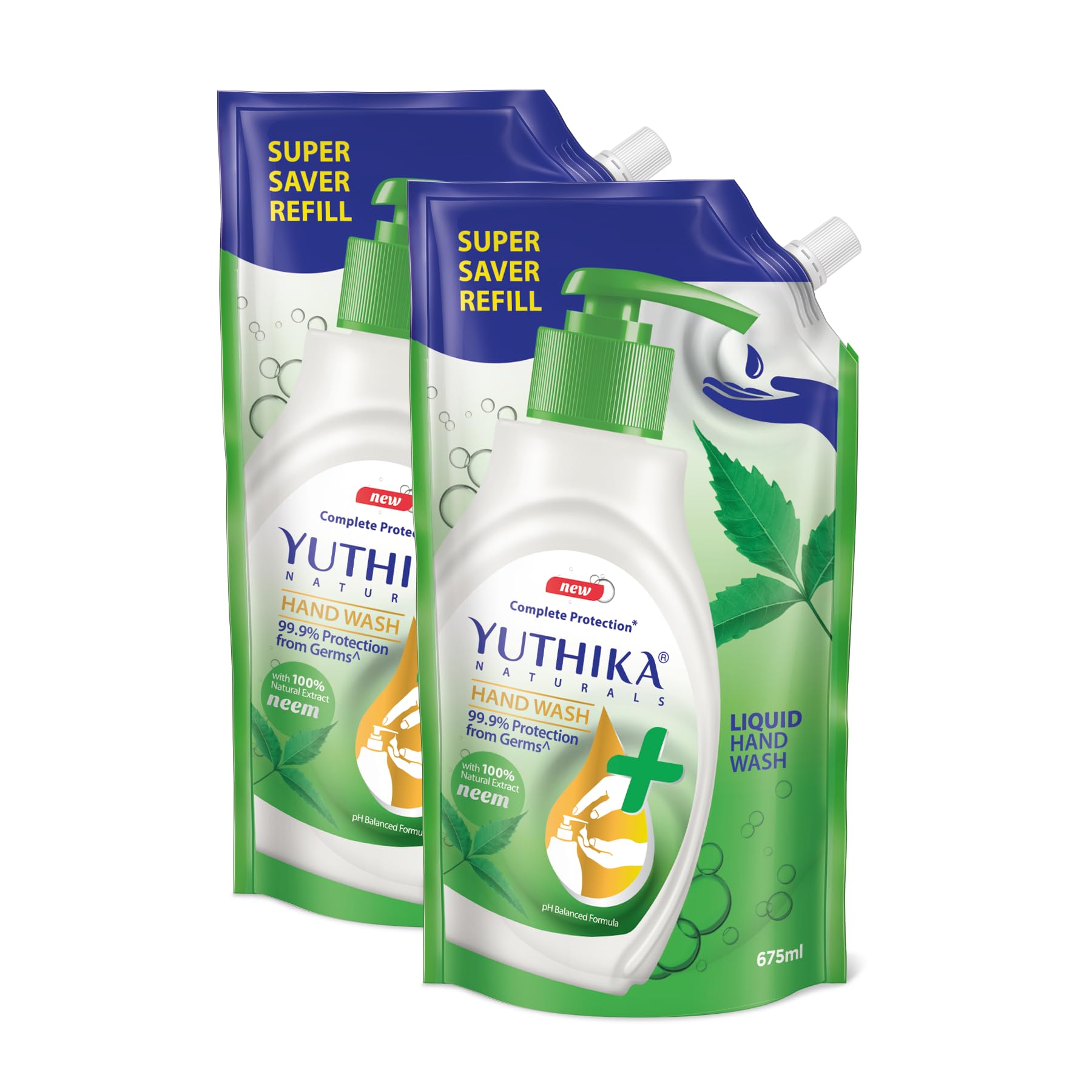 Yuthika Germ Protection Neem Hand Wash Liquid Refill | Antibactirial Handwash With Ph Balanced Formula 675Ml (Pack Of 2)