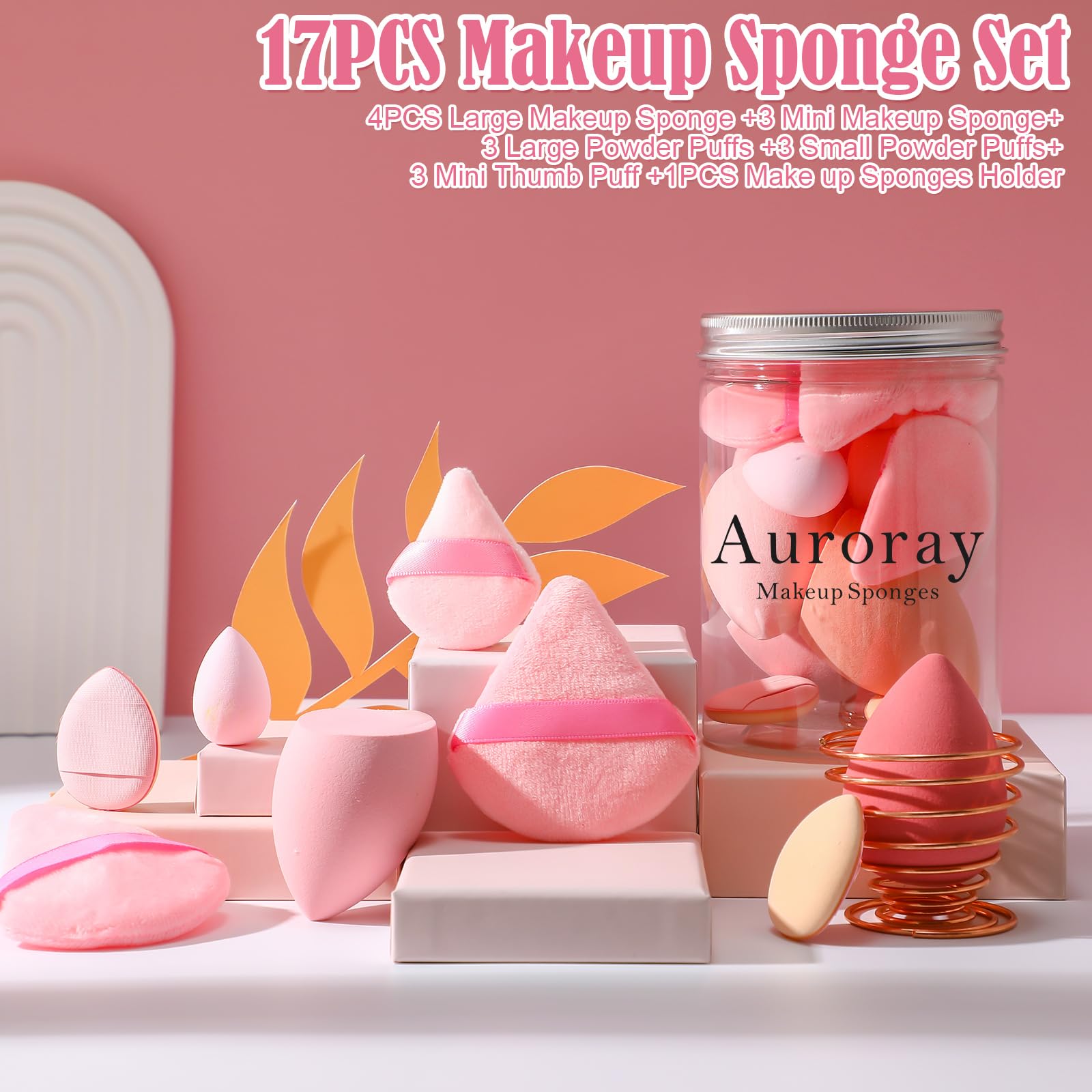 17PCS Makeup Sponge Set with 6PCS Powder Puff, 3PCS Mini Makeup Sponges, 3PCS Foundation Mini Make Up Sponge Puff and 1PCS Make