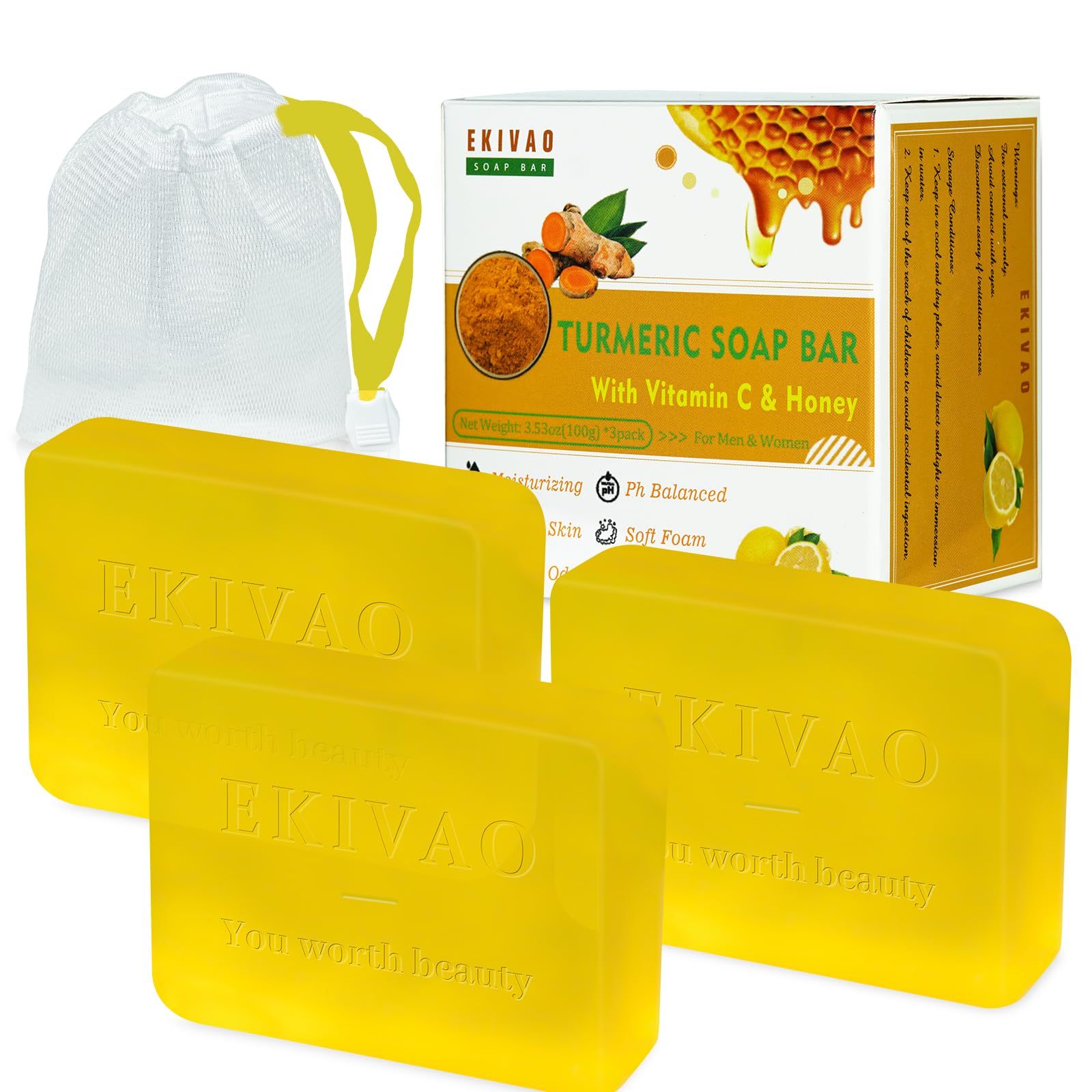 EKIVAO 3Packs Best Turmeric Soap Bar, Organic Tumeric Soap for Face and Body, Honey Lemon Turmeric bar Soap with Vitamin C, E, C