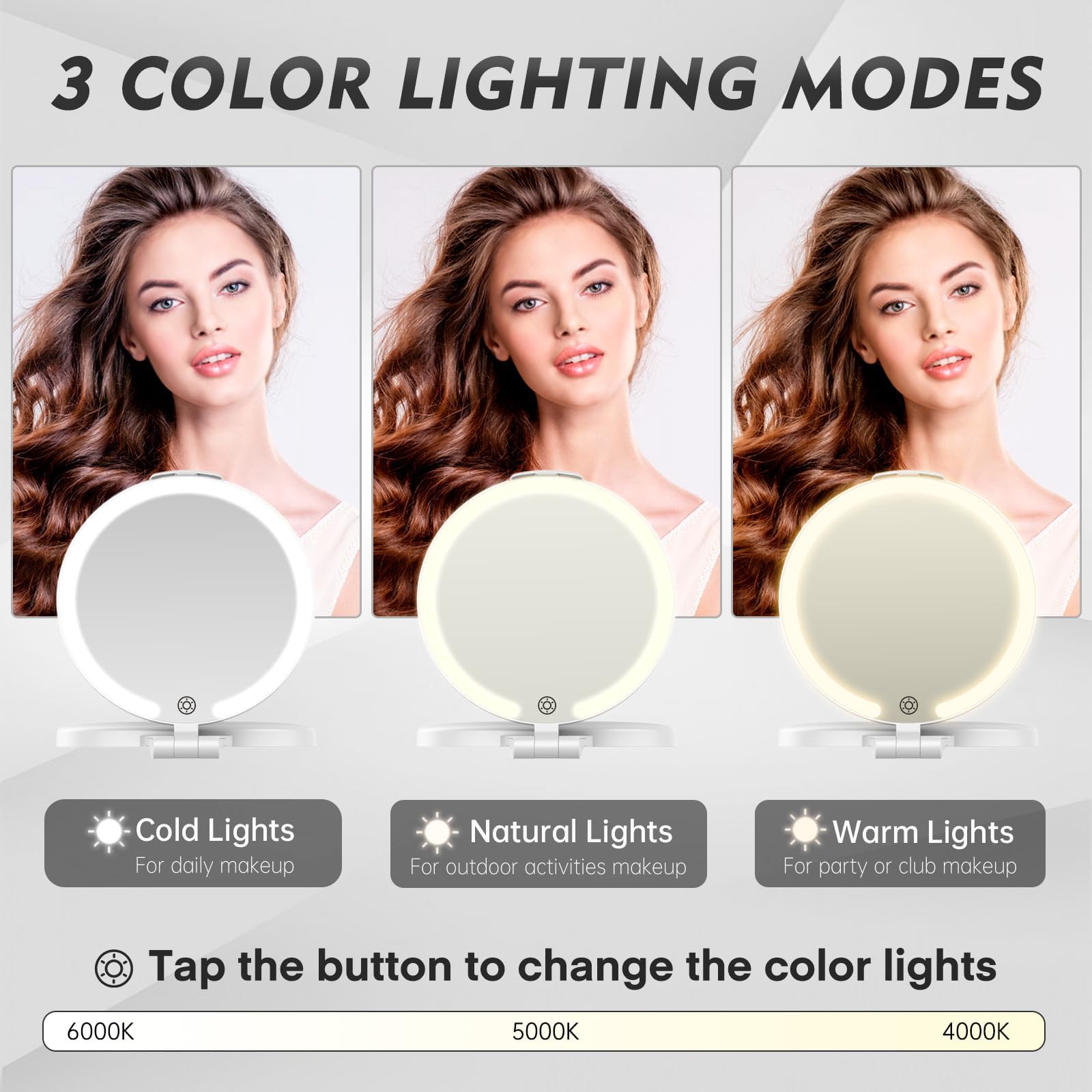 Funtouch Travel Magnifying Mirror With Light, Rechargeable 1X/10X Double Sided Makeup Mirror With Lights, 3 Lighting Modes, Fold