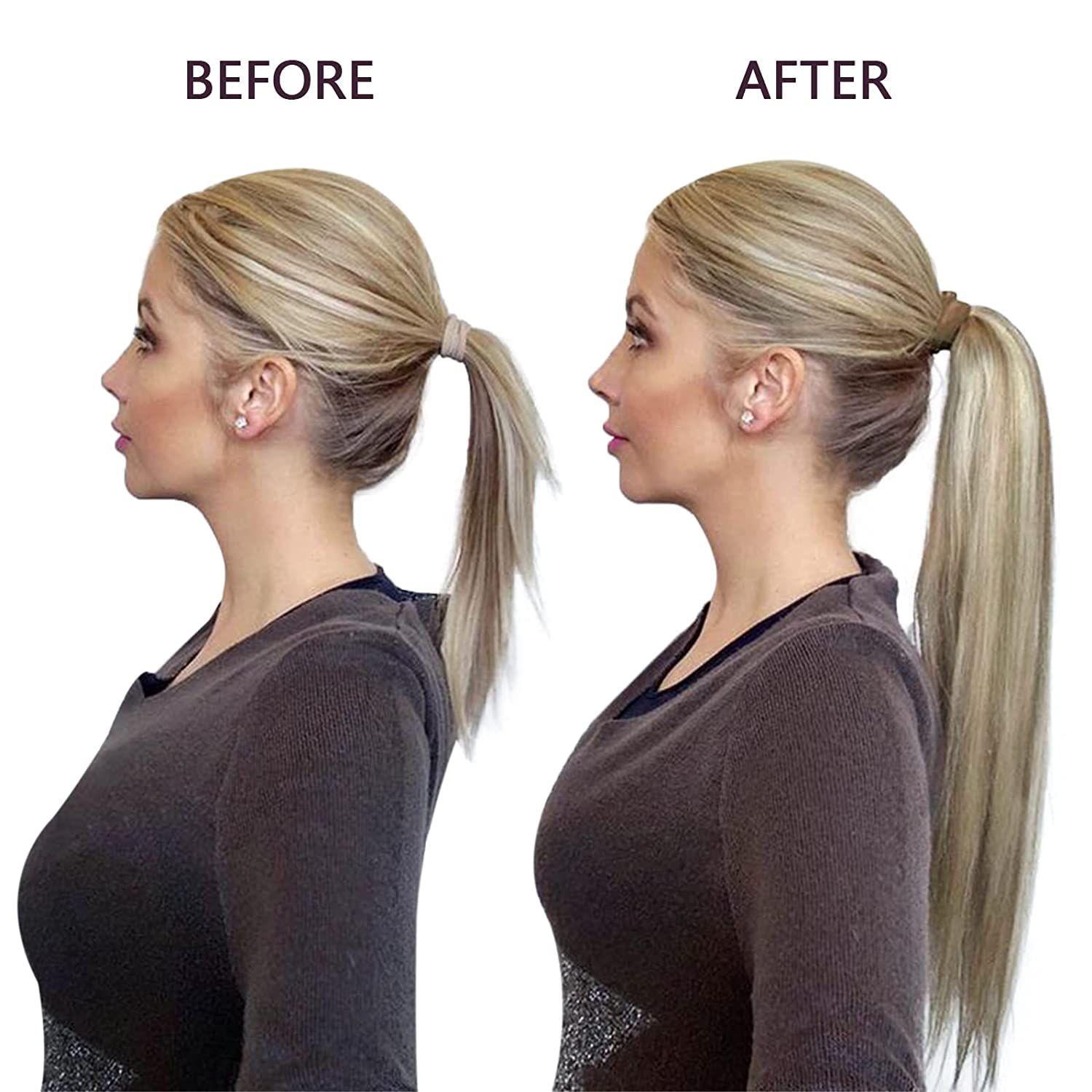 Runature Blonde Real Hair Ponytail Extensions 20 Inch 80G Long Ponytail Hair Extensions Human Hair With Clip Ash Brown With Plat