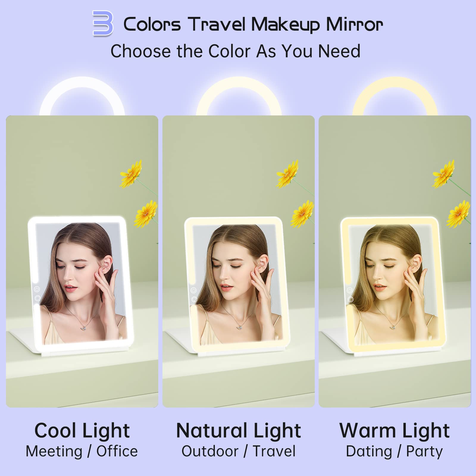 FUNTOUCH 1800mAh Rechargeable Makeup Mirror with Lights, 10x7.5", White, Model SM161+151, Portable & Dimming with 10X Magnification