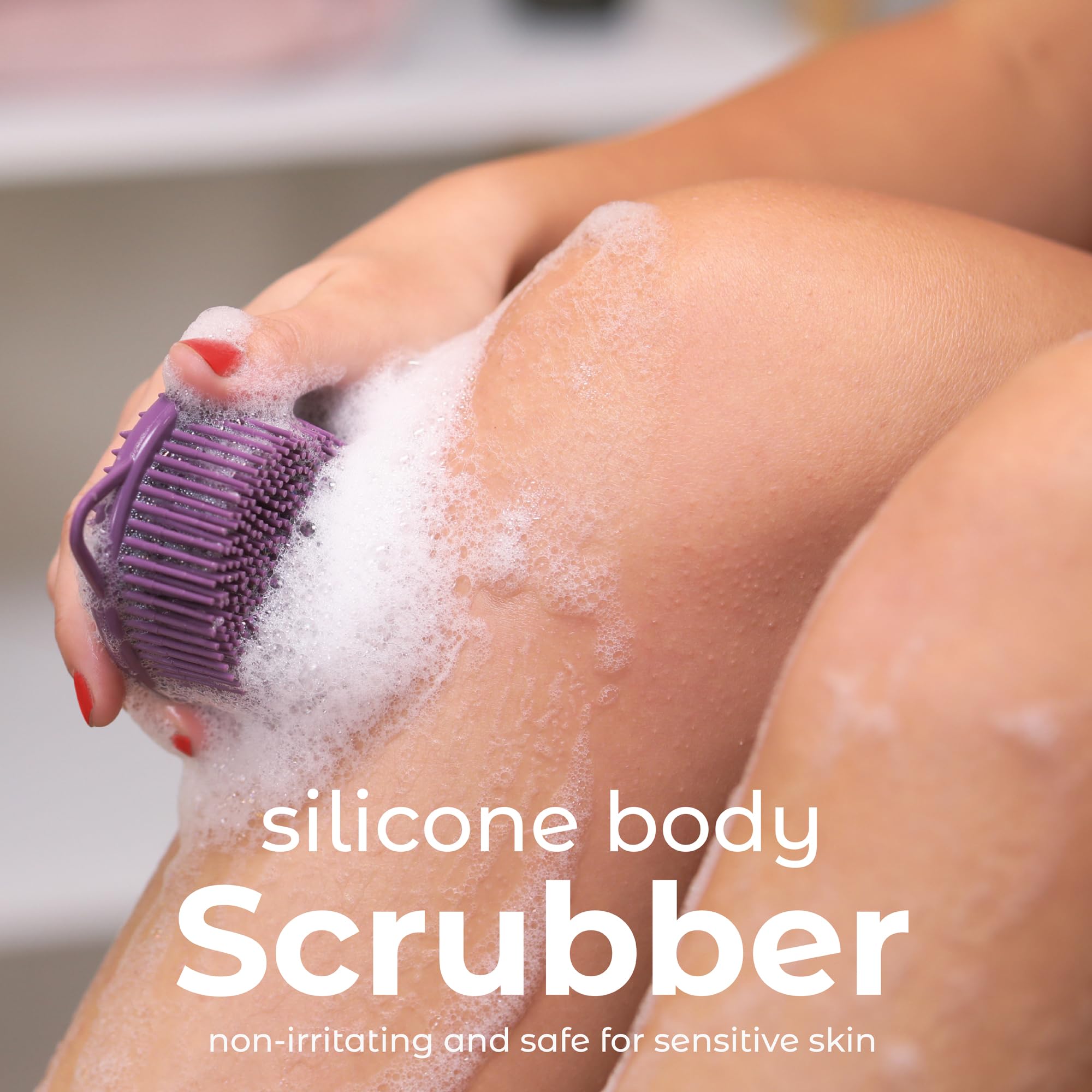 MainBasics Exfoliating Silicone Body Scrubber Pro - 2-in-1 Shower Scrubber, Body + Massage, Purple, Model SBS