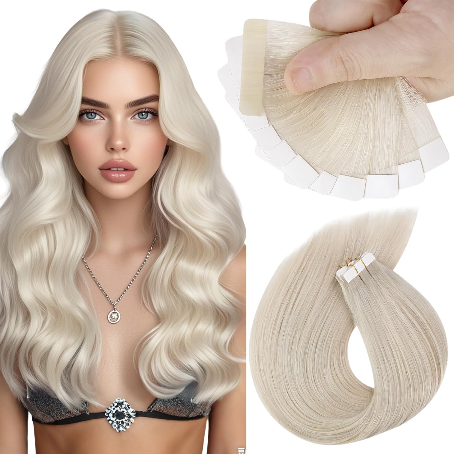 Sunny Hair Tape in Hair Extensions Real Human Hair Invisible Remy Hair Extensions Tape ins for Women White Blonde 18 inch 25G