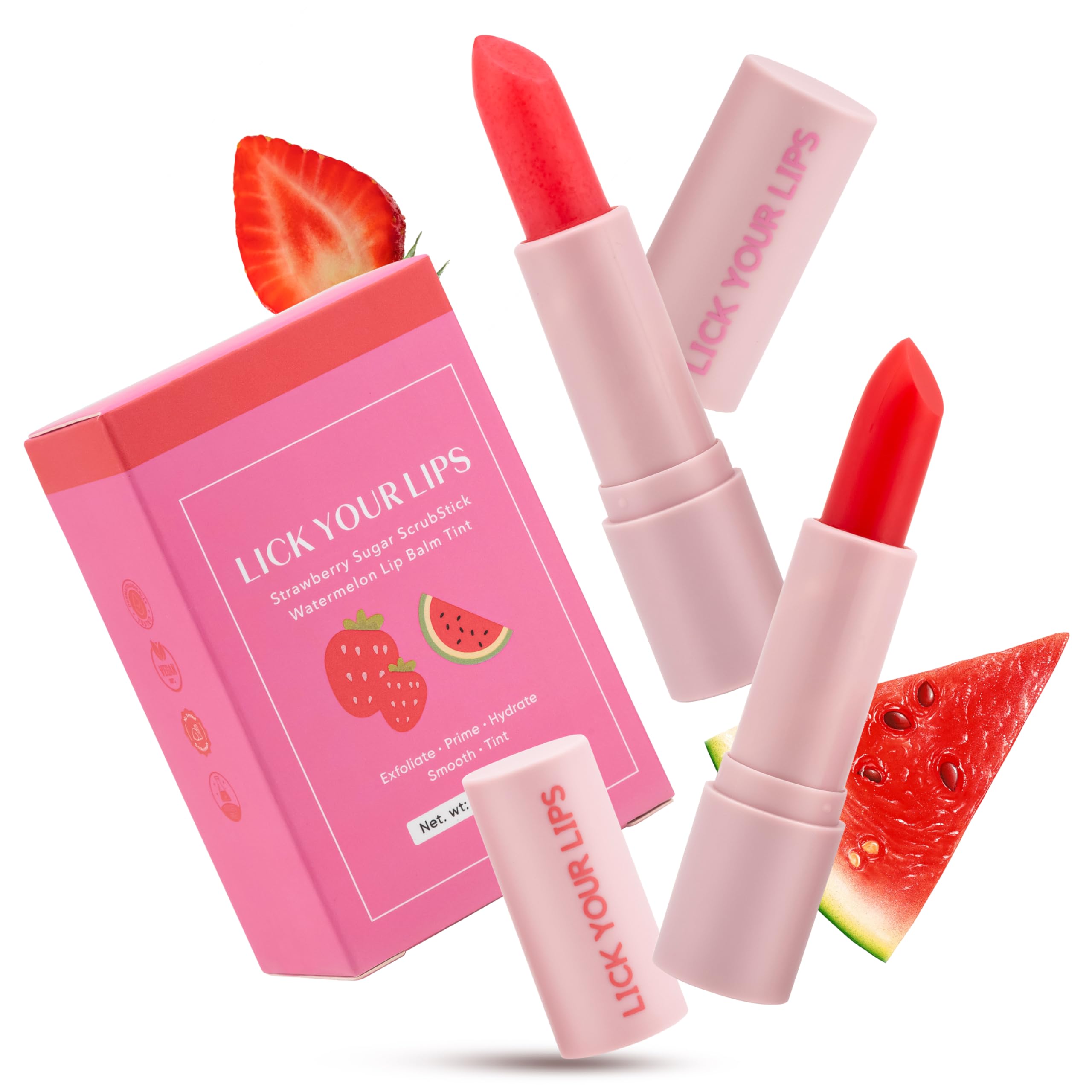 Watermelon Tinted Lip Balm And Strawberry Sugar Lip Scrub Stick Duo - Lip Scrubber Exfoliator Helps Lip Repair, Deep Hydration,