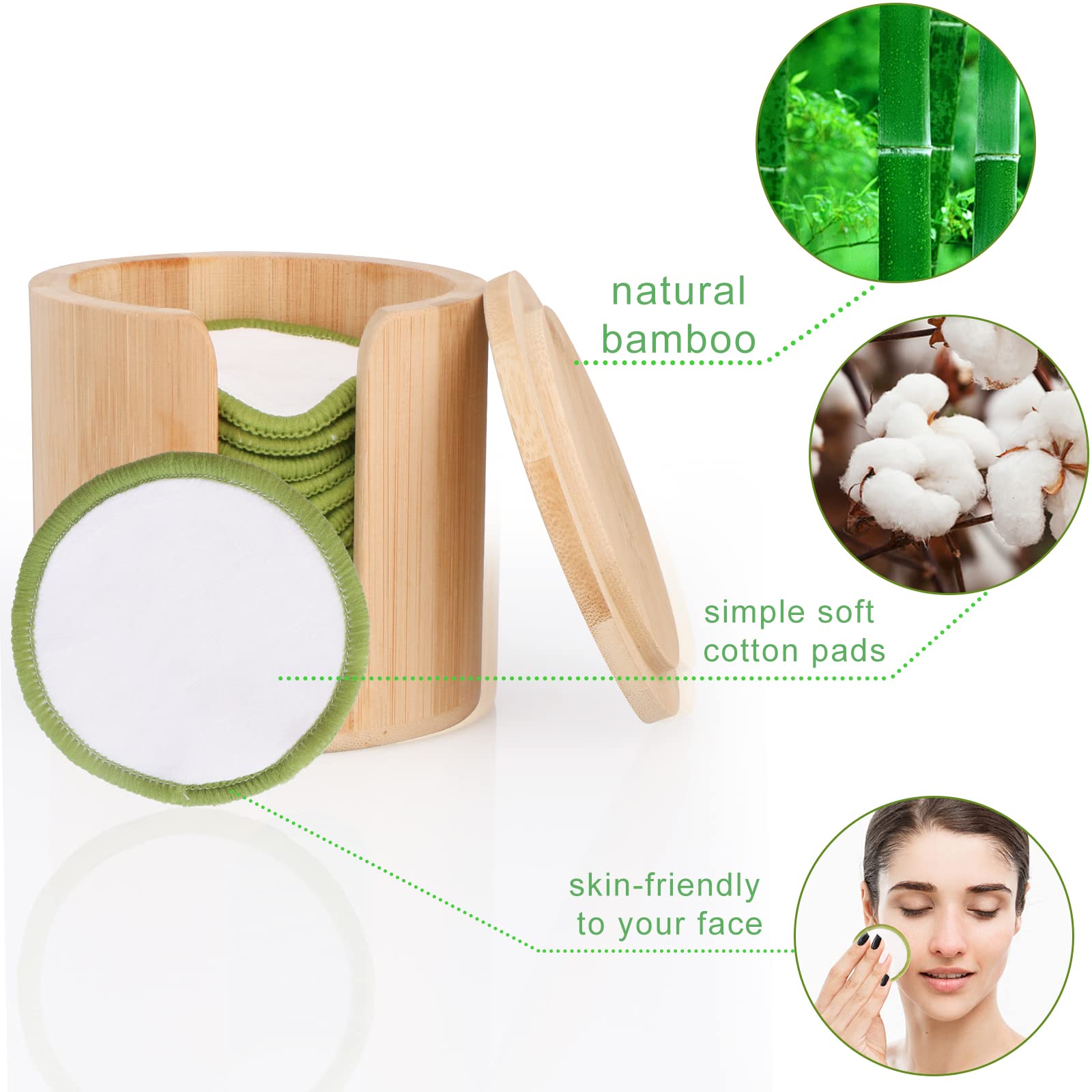 UNIMEIX Reusable Makeup Remover Pads - 16 Pack Organic Cotton Rounds with Bamboo Holder, Green