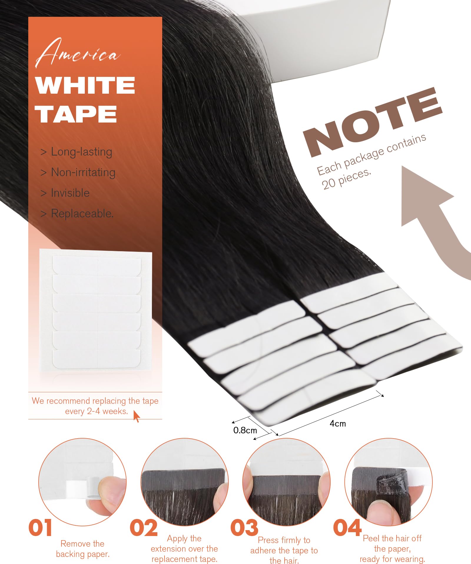 Sunny Hair Tape in Hair Extensions Real Human Hair Invisible Remy Hair Extensions Tape ins for Women Natural Black 14 inch 20Pcs