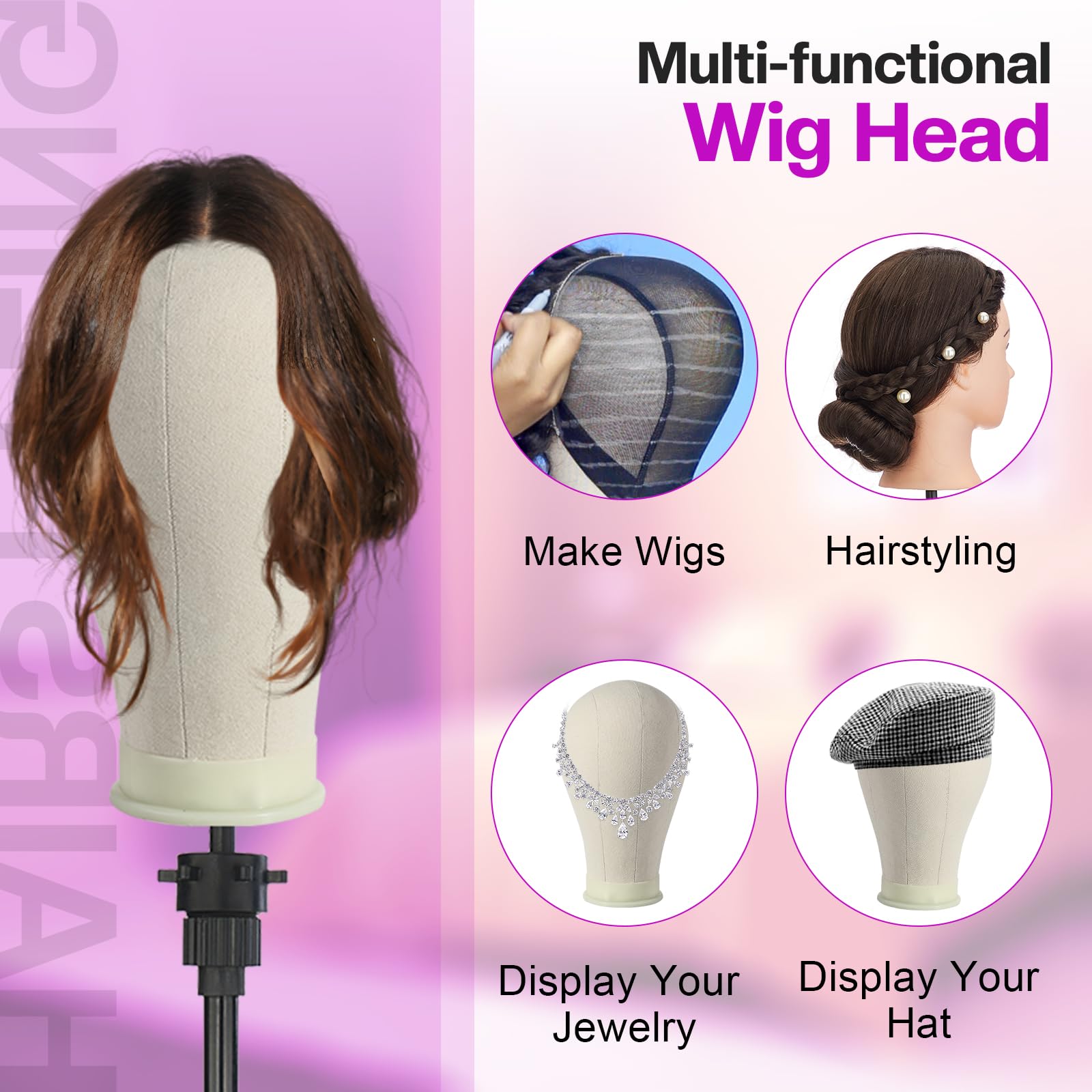 Neverland Beauty & Health 23 Inch Canvas Wig Head Stand Tripod Set, A-White, 6 Pieces with Mannequin Head, T Pins, and Brush